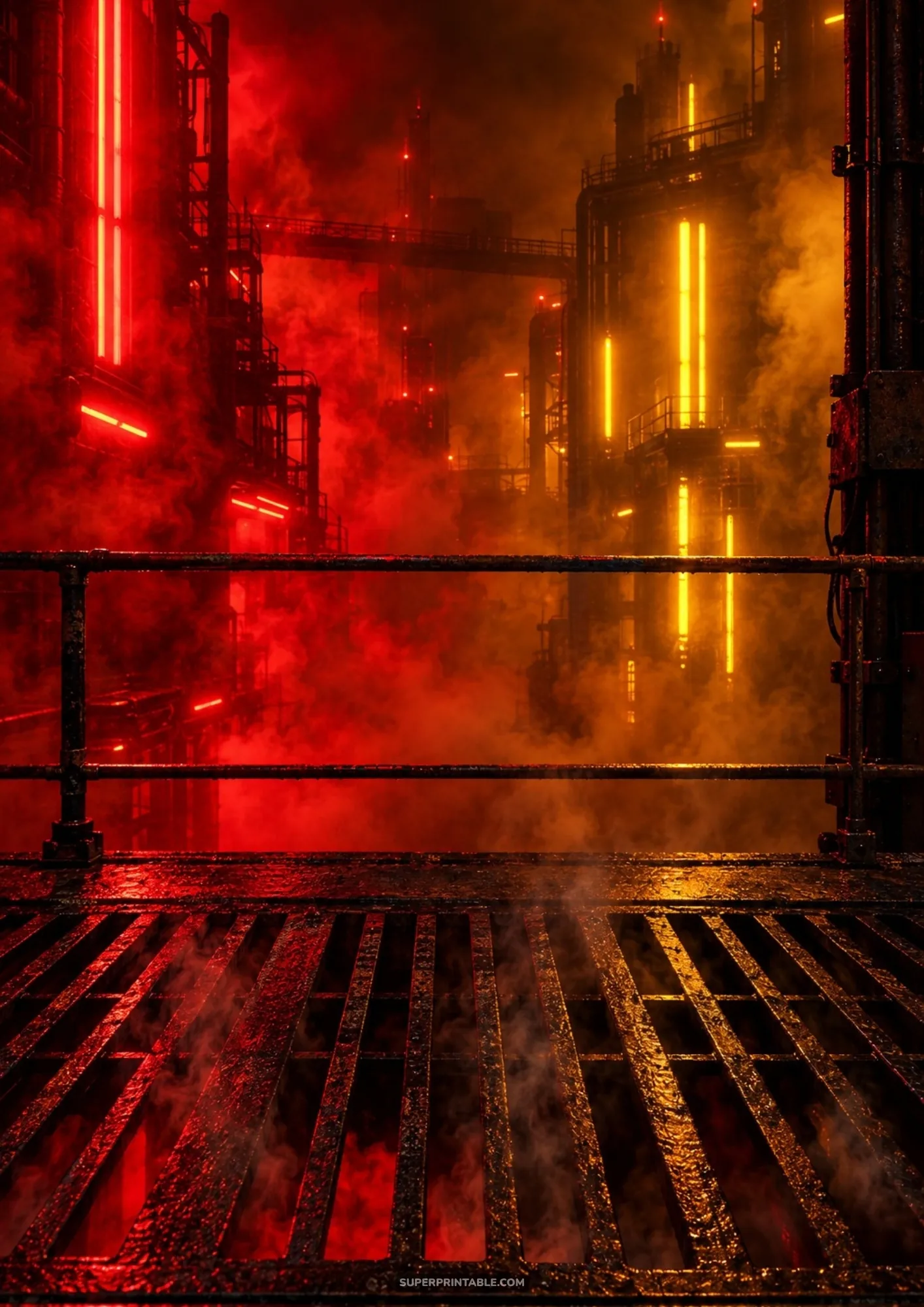 Industrial refinery complex glowing under intense fiery red and amber neon tubes with dense smoke