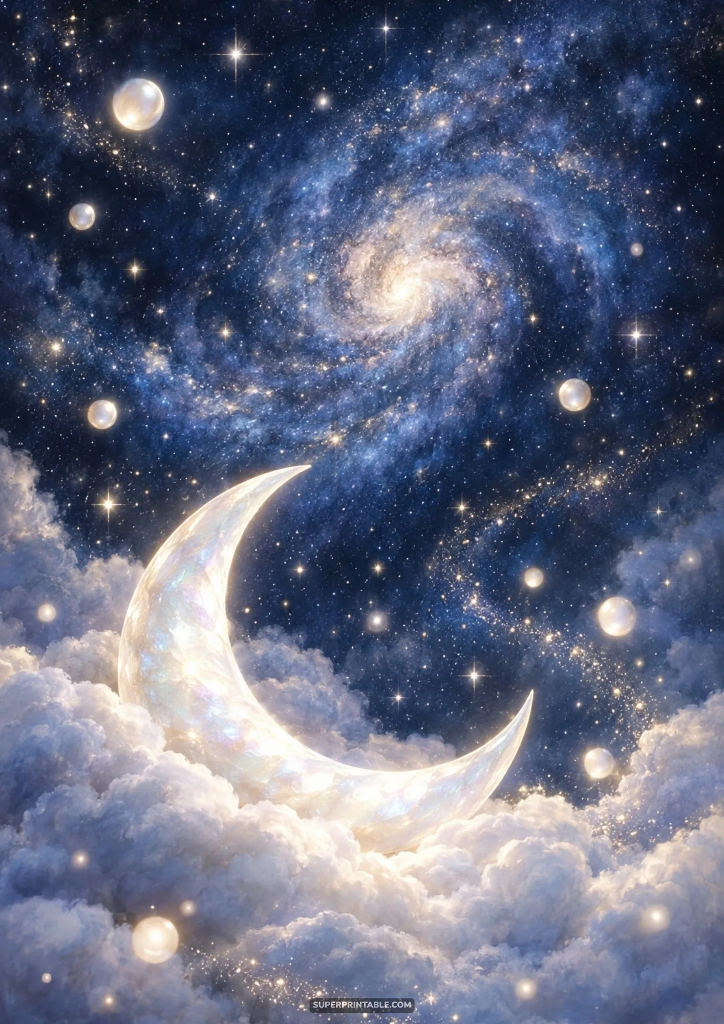 Glowing iridescent crescent moon nestled in dreamy white clouds beneath a spiral galaxy with floating pearls