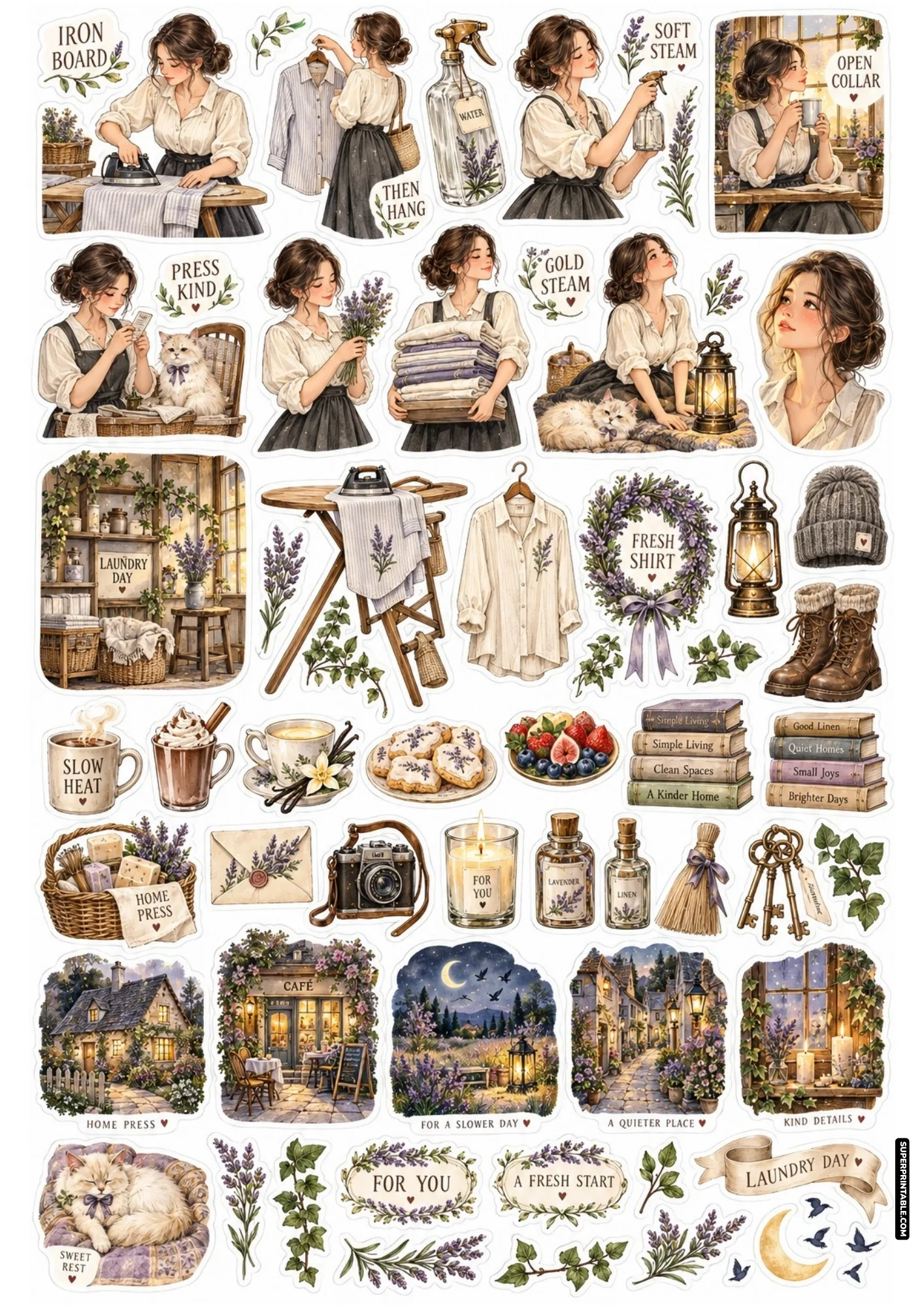 Vintage ironing board routine cutouts on laundry day sticker sheets with lavender linen spray and cat