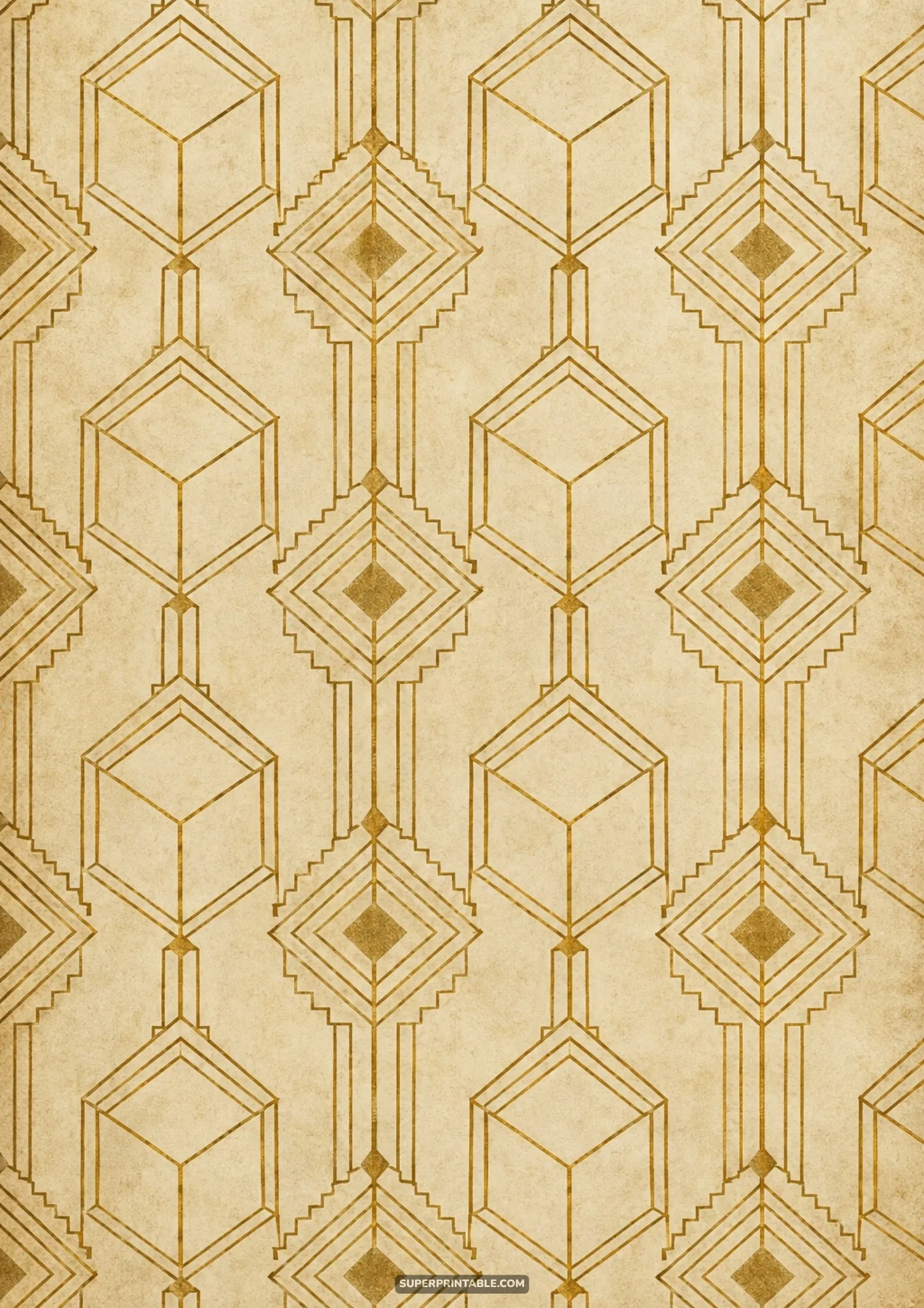 Stepped diamond medallions and geometric wireframe cubes in soft gold line art on textured cream paper