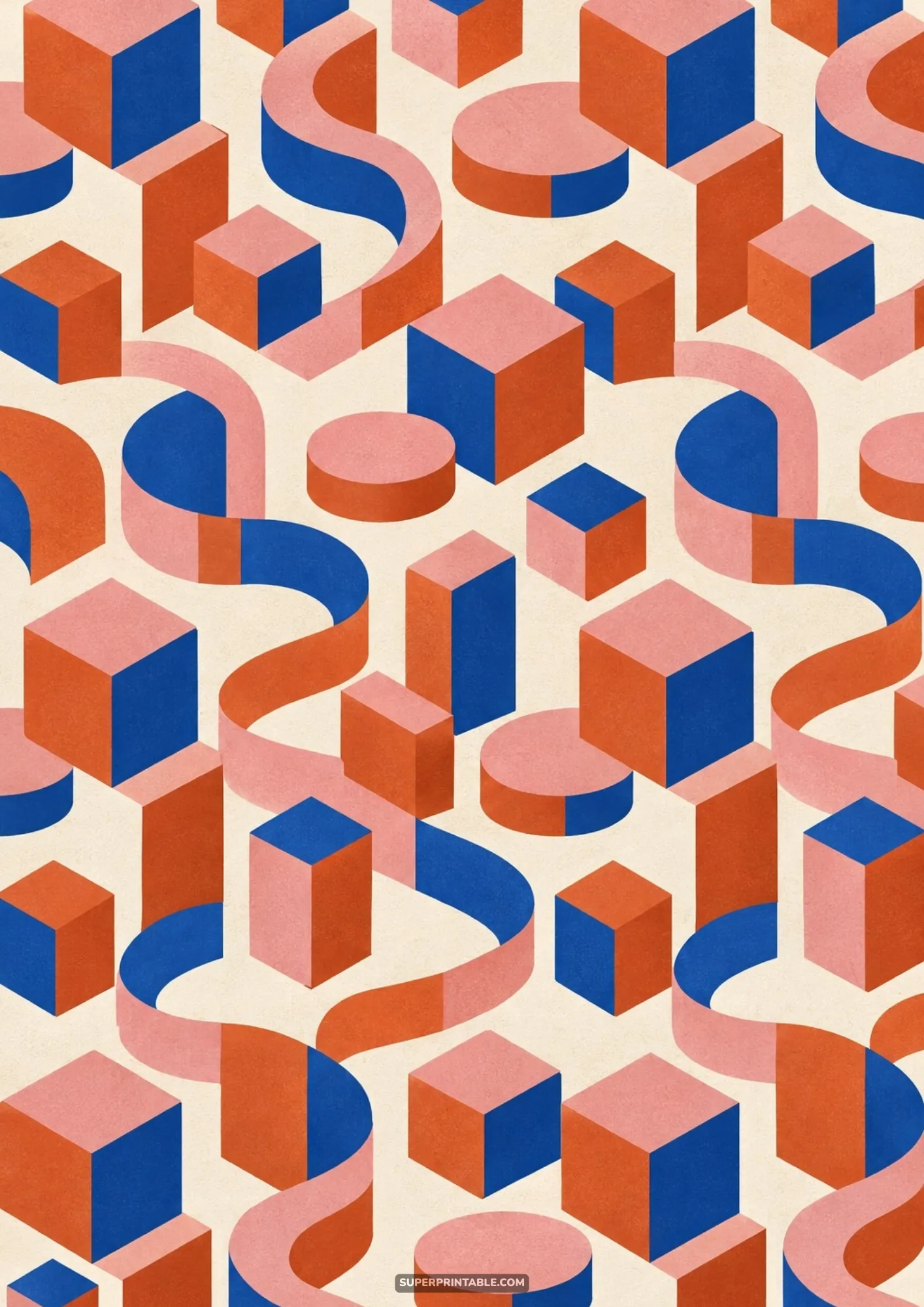 Playful isometric geometric background composed of vibrant blue and orange 3D cubes, cylinders, and ribbon waves