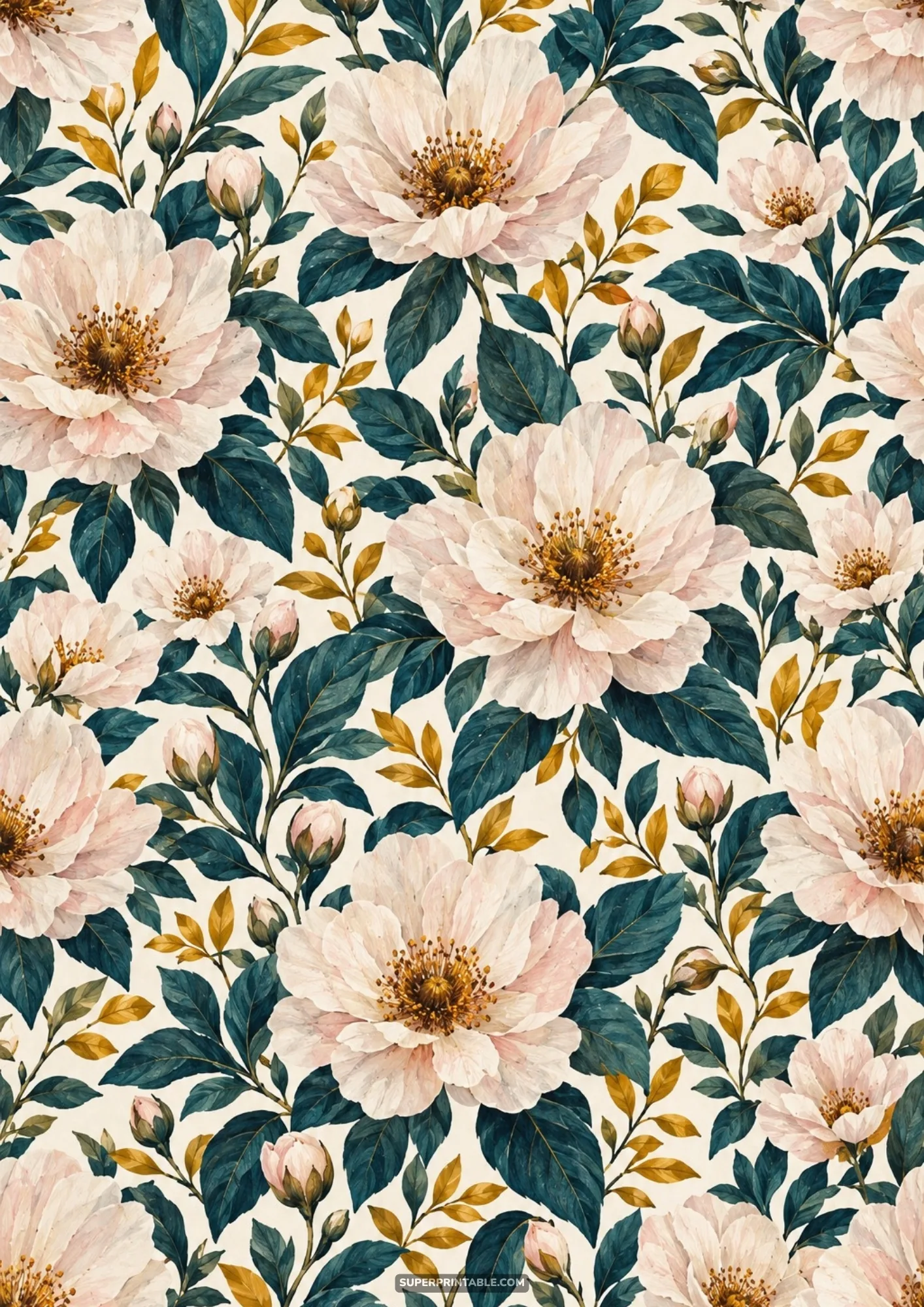 Pale ivory camellia blossoms with golden centers and deep teal leaves set against an antique background