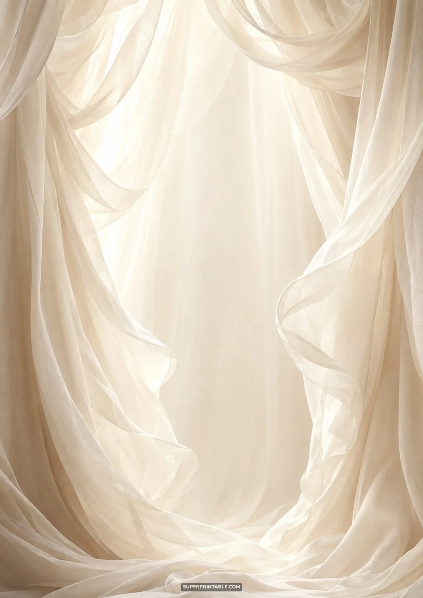 Romantic silk backgrounds featuring ivory chiffon drapes framing an ethereal luminous center archway