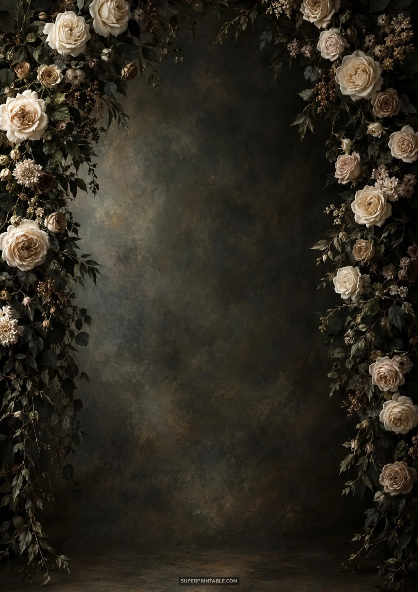 Antique ivory roses and dark leafy branches framing a moody mottled olive-brown painted backdrop