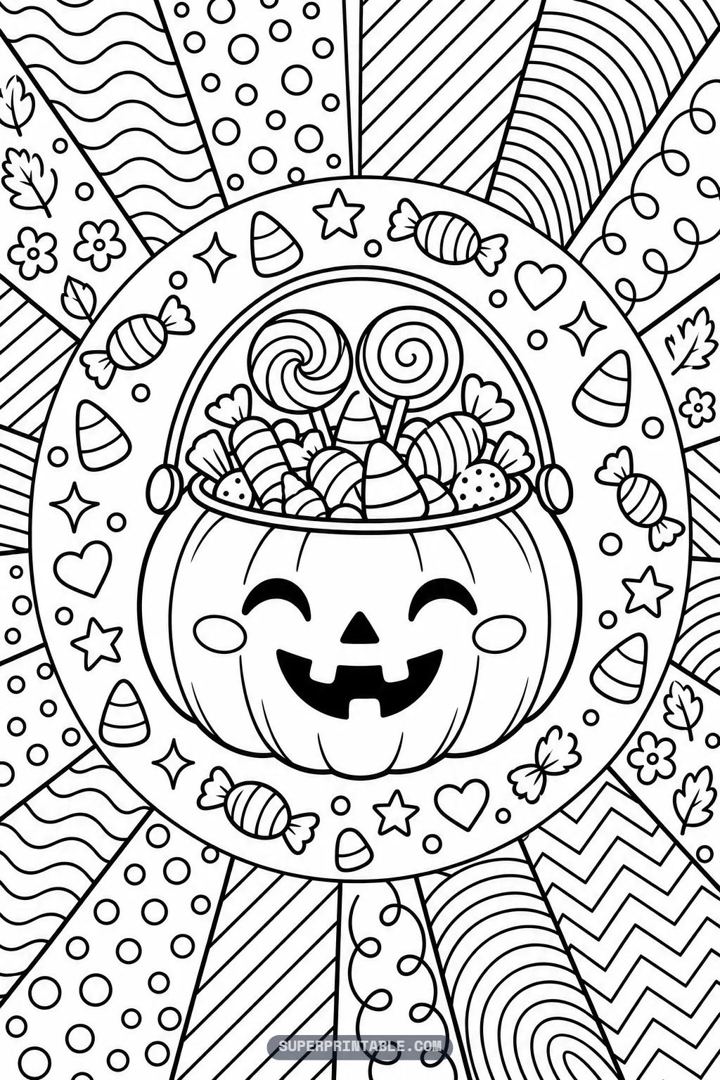 Pumpkin treat bucket filled with lollipops and Halloween candy framed by striped and polka dot pattern rays