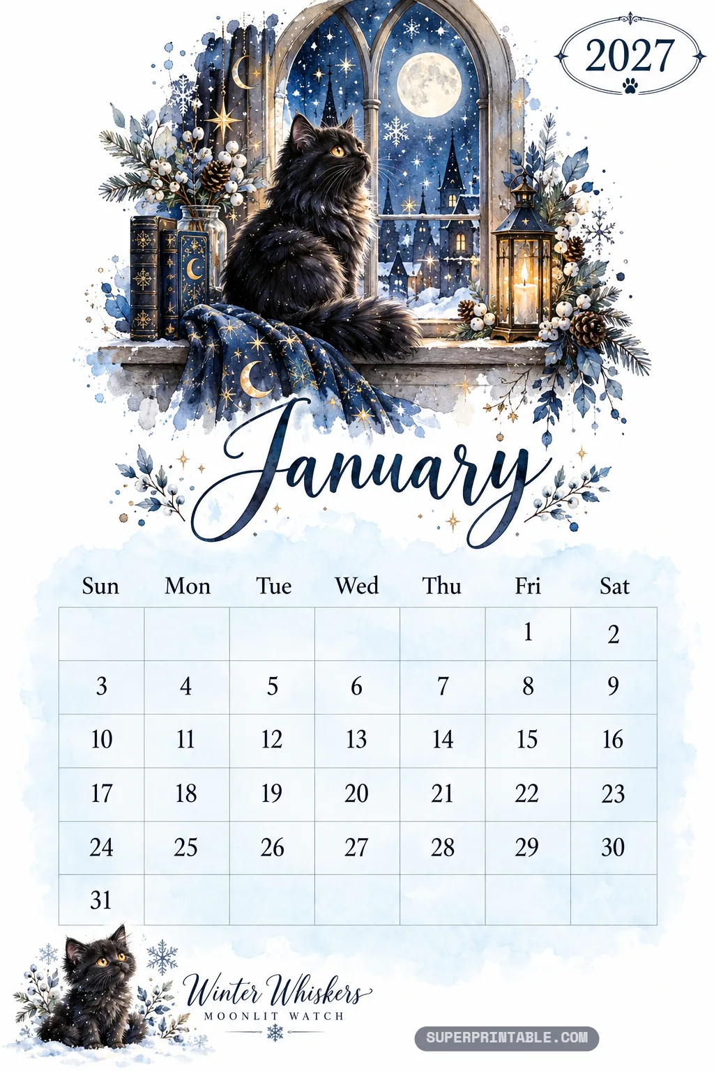 January page of the black cat 2027 calendar showing a fluffy cat on a snowy Gothic window sill beside a lantern