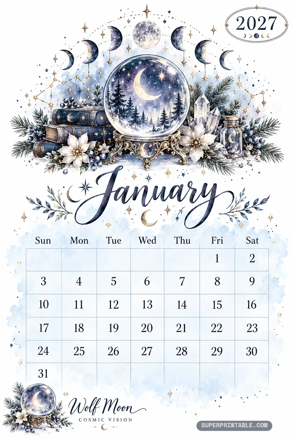 January page of the astrology moon phases 2027 calendar with crystal ball and snowy pines