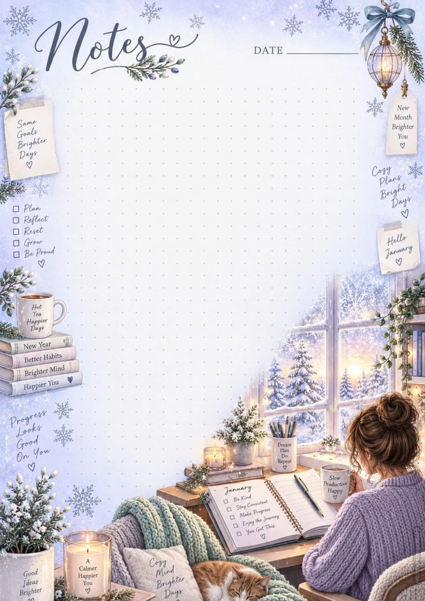 Winter note sheet featuring a January goal checklist open on a wooden desk with cozy candles.