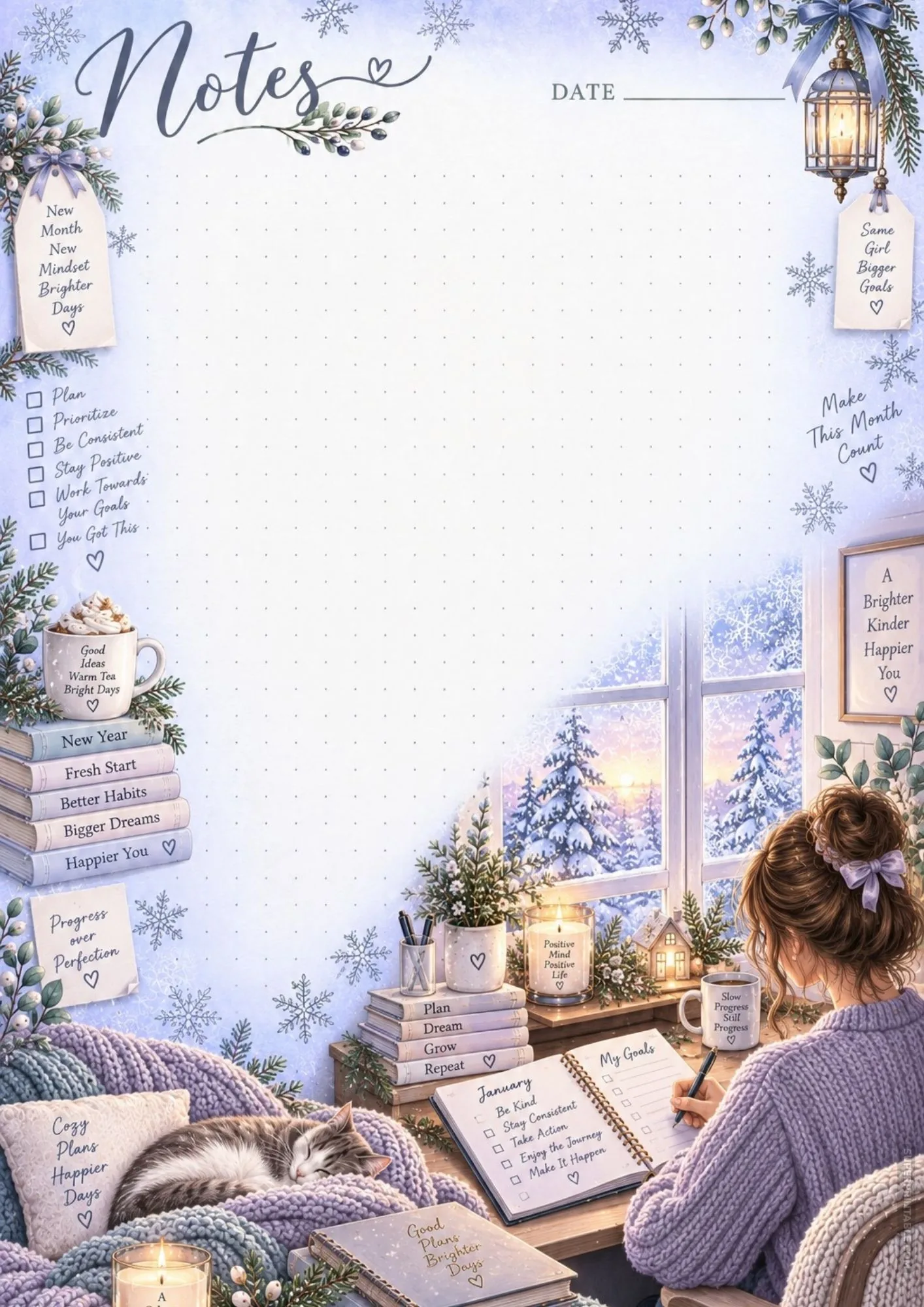 Cozy printable note sheet with a girl writing goals at a wooden desk beside a sleeping cat.
