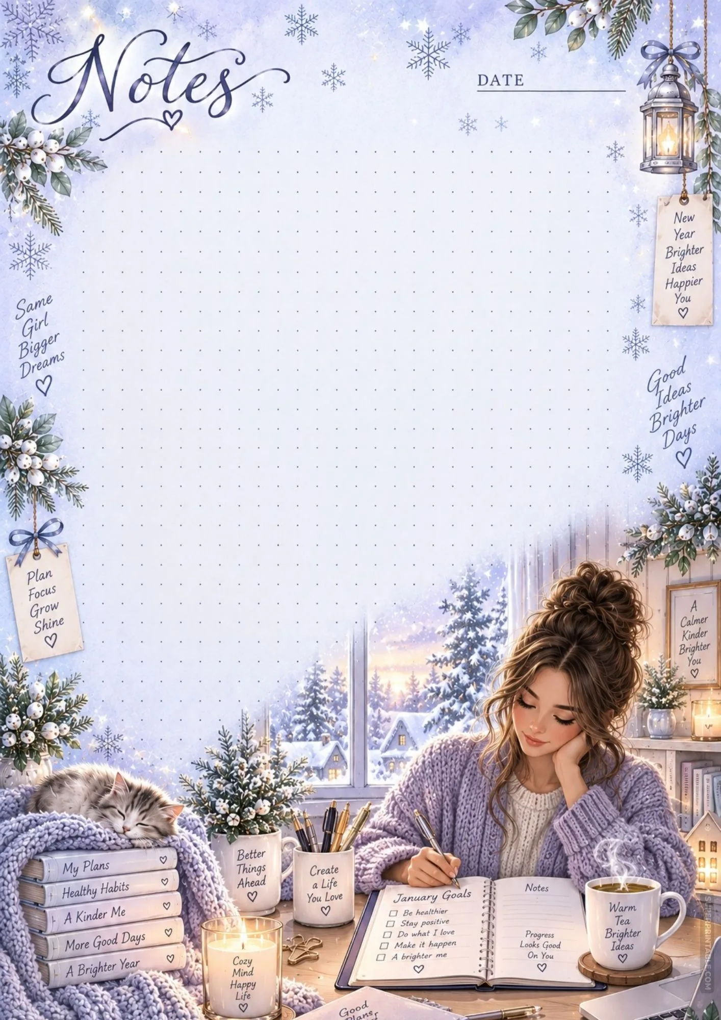 Winter desk stationery page with a open goals notebook, hot tea, candles, and sleeping cat.