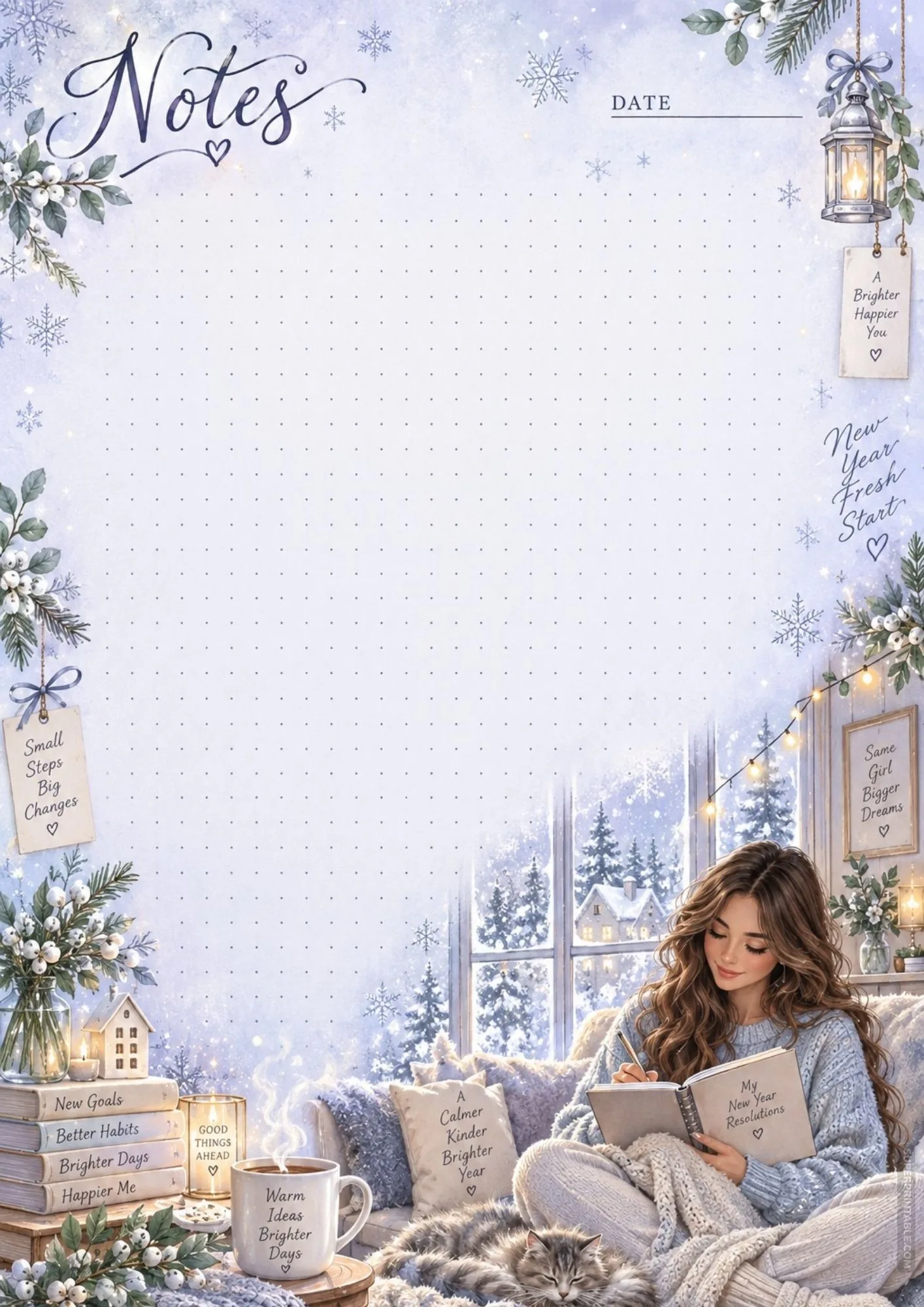 Cozy winter dot grid page featuring a girl writing near a snowy window with candles.