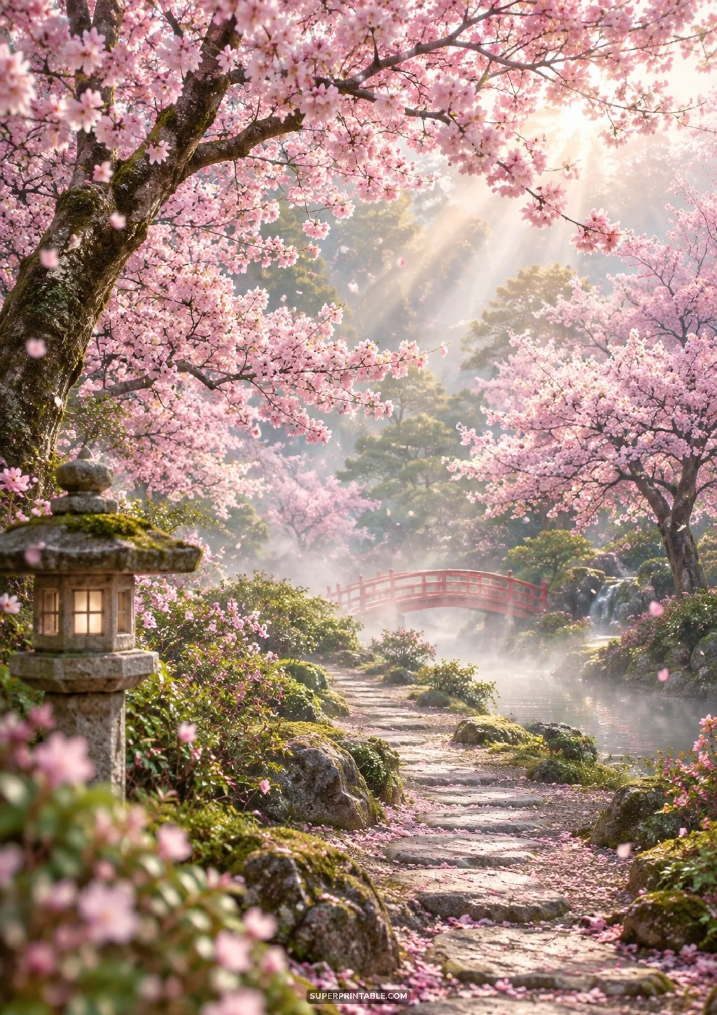Cherry blossom digital backgrounds depicting a misty Japanese garden path with stone lantern and red bridge