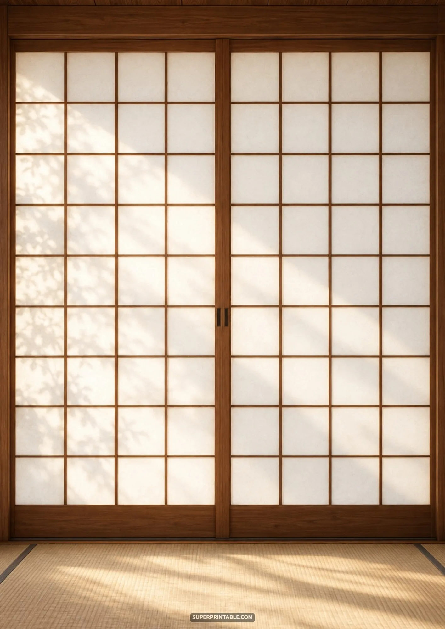 Traditional wooden shoji screen doors casting soft leafy shadows across tatami mat flooring