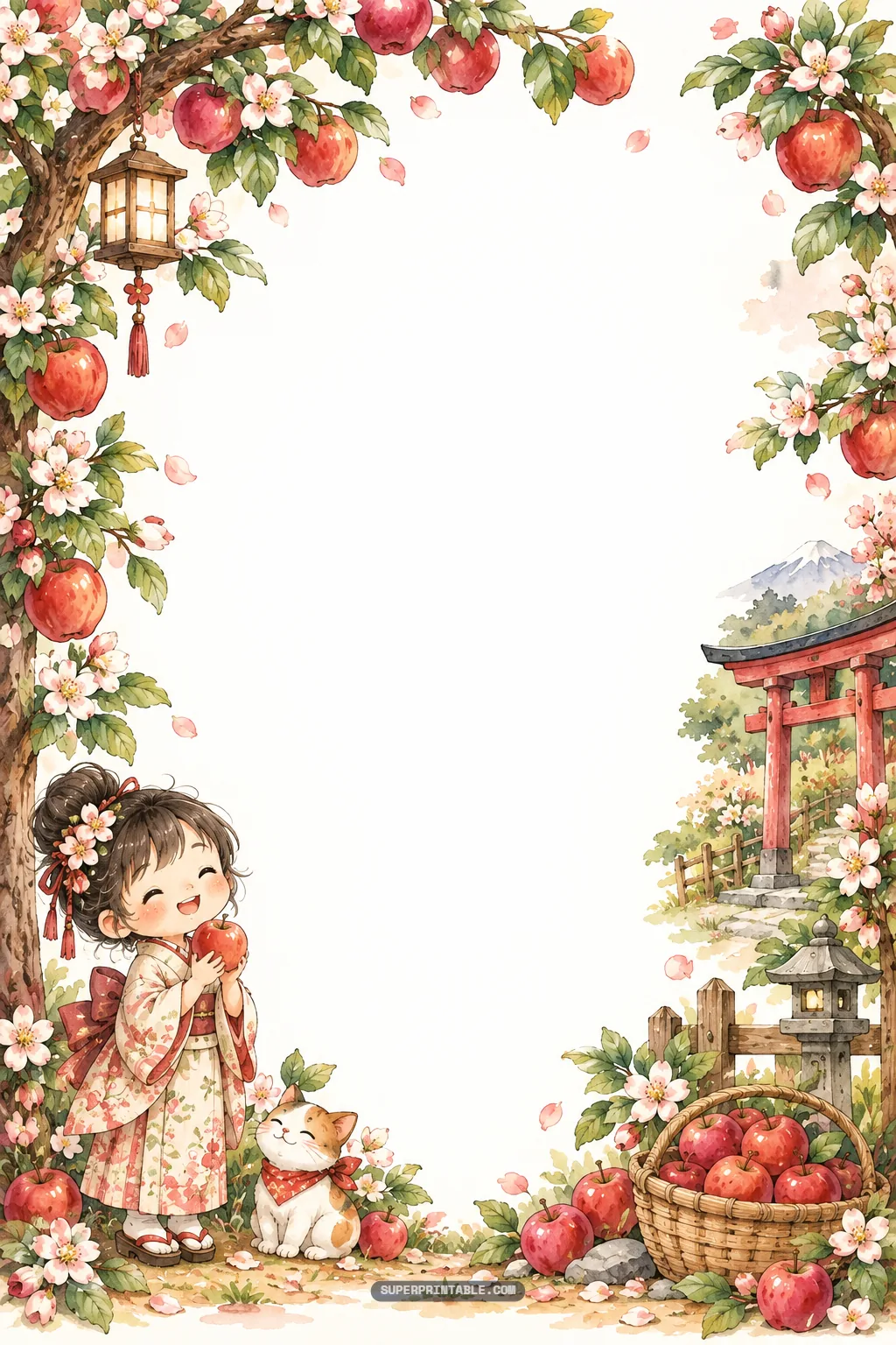 Japanese girl in kimono holding an apple beside a torii gate and stone lantern
