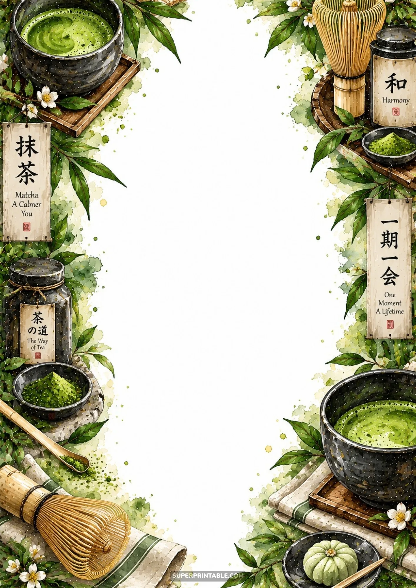 Green matcha tea bowls, bamboo whisks, and tea ceremony tools creating an elegant Japanese border template.