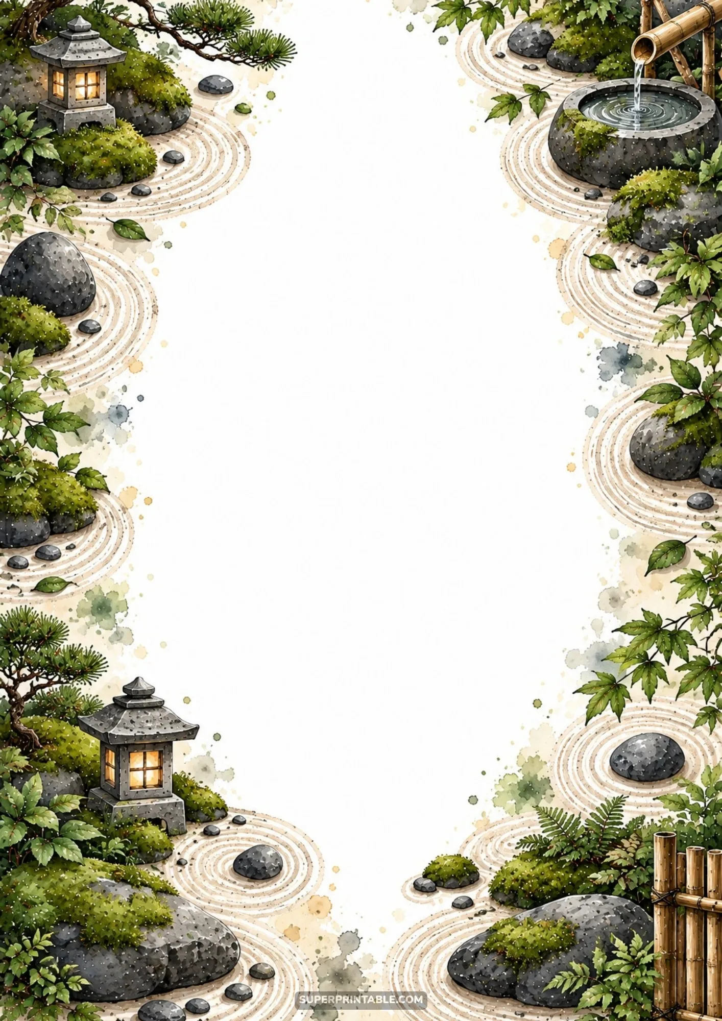 Japanese zen border pages featuring stone lanterns, raked sand garden ripples, and bamboo water spout.