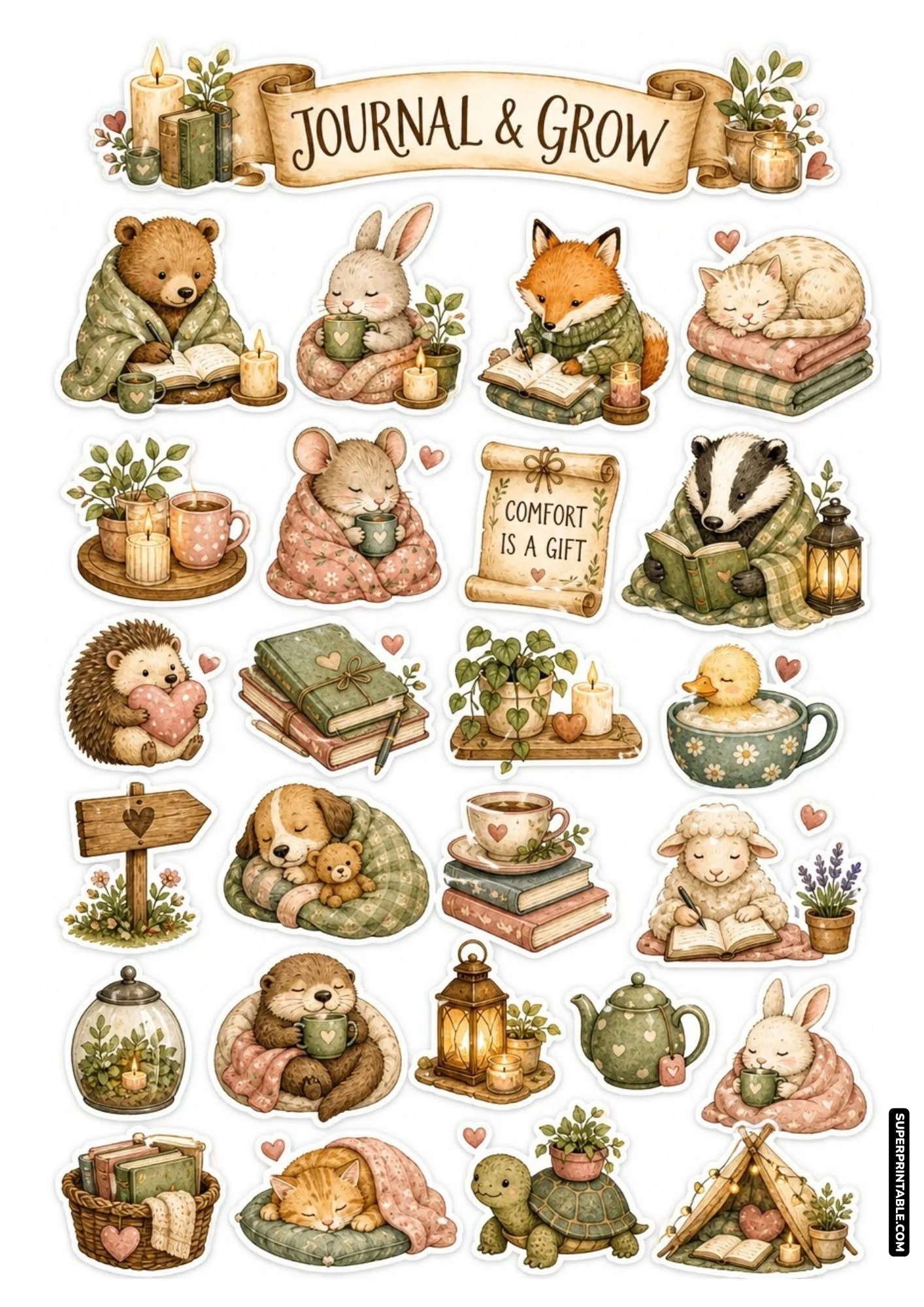 Printable healing self care sticker sheets with animals writing in journals and cuddling plush hearts.