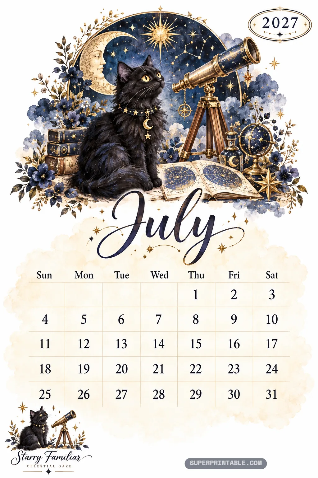 Black cat wearing a star collar seated beside a brass telescope and open celestial star chart atlas