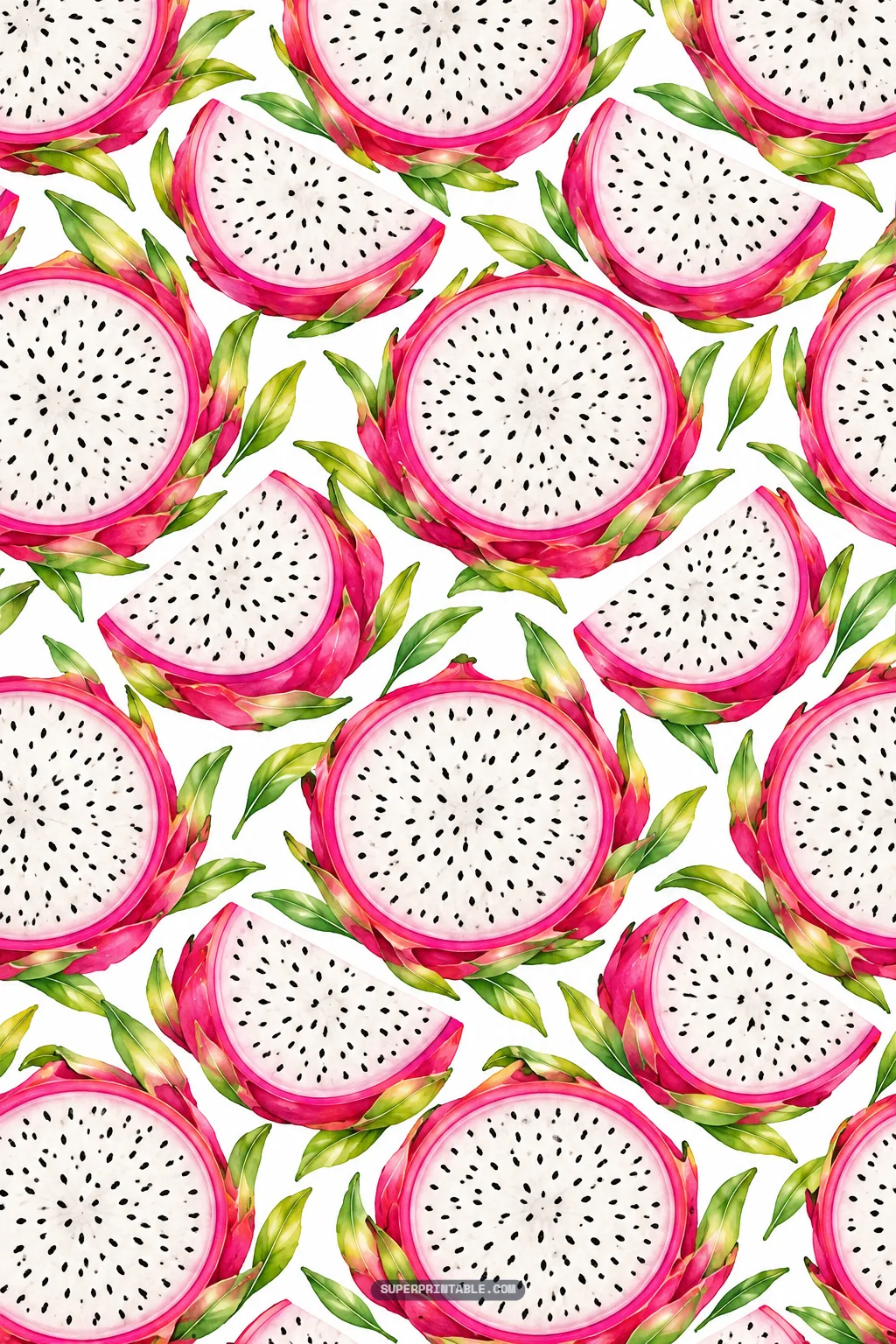 Close-up repeat of large round dragon fruit slices with dotted black seeds and vivid pink rinds.
