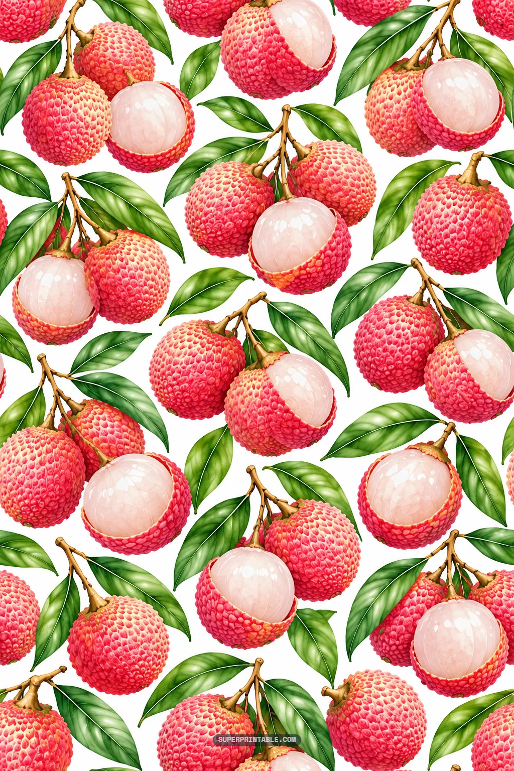 Large-scale botanical pattern of oversized red lychee fruit clusters with partially peeled white pulp.