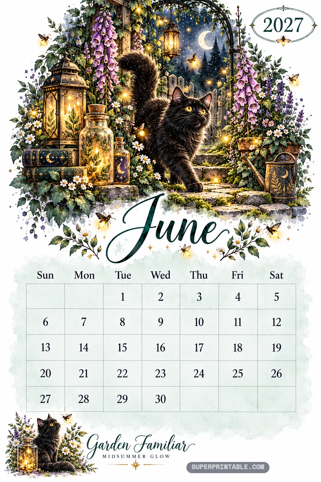 Black cat strolling down mossy stone garden steps under purple foxgloves illuminated by warm fireflies