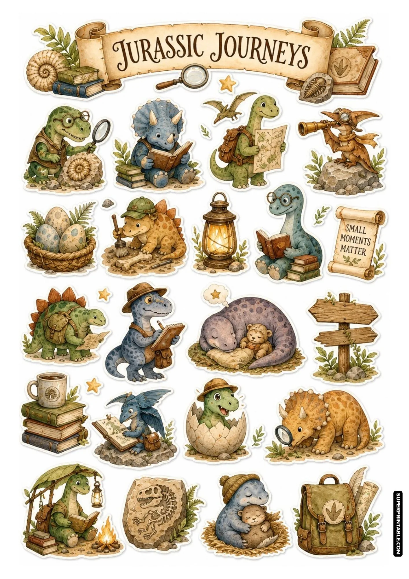 Jurassic journeys dinosaur scholars sticker sheets with cute reading dinosaurs and maps.