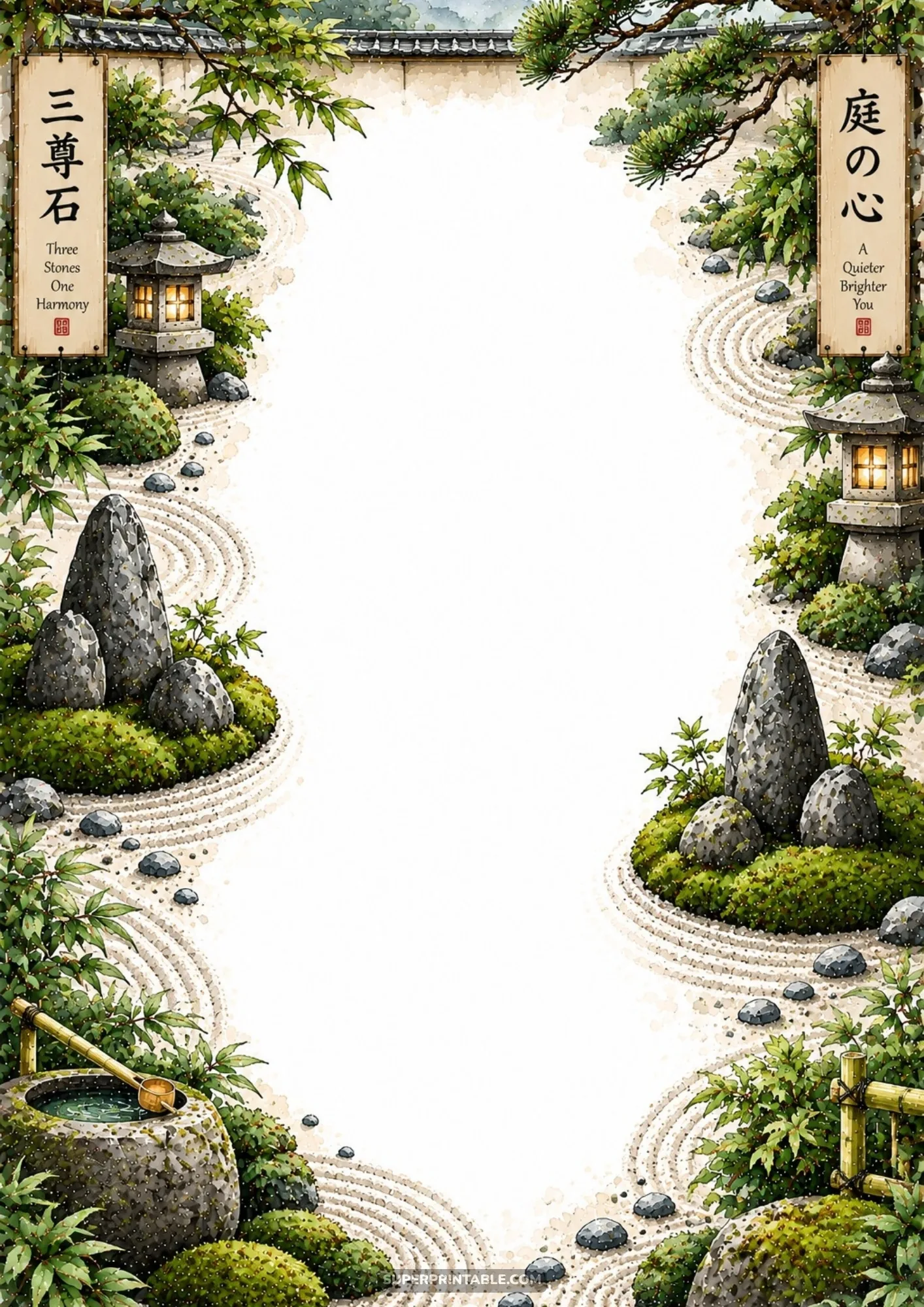 Karesansui dry landscape rock garden with raked gravel ripples and stone lanterns on a border page.