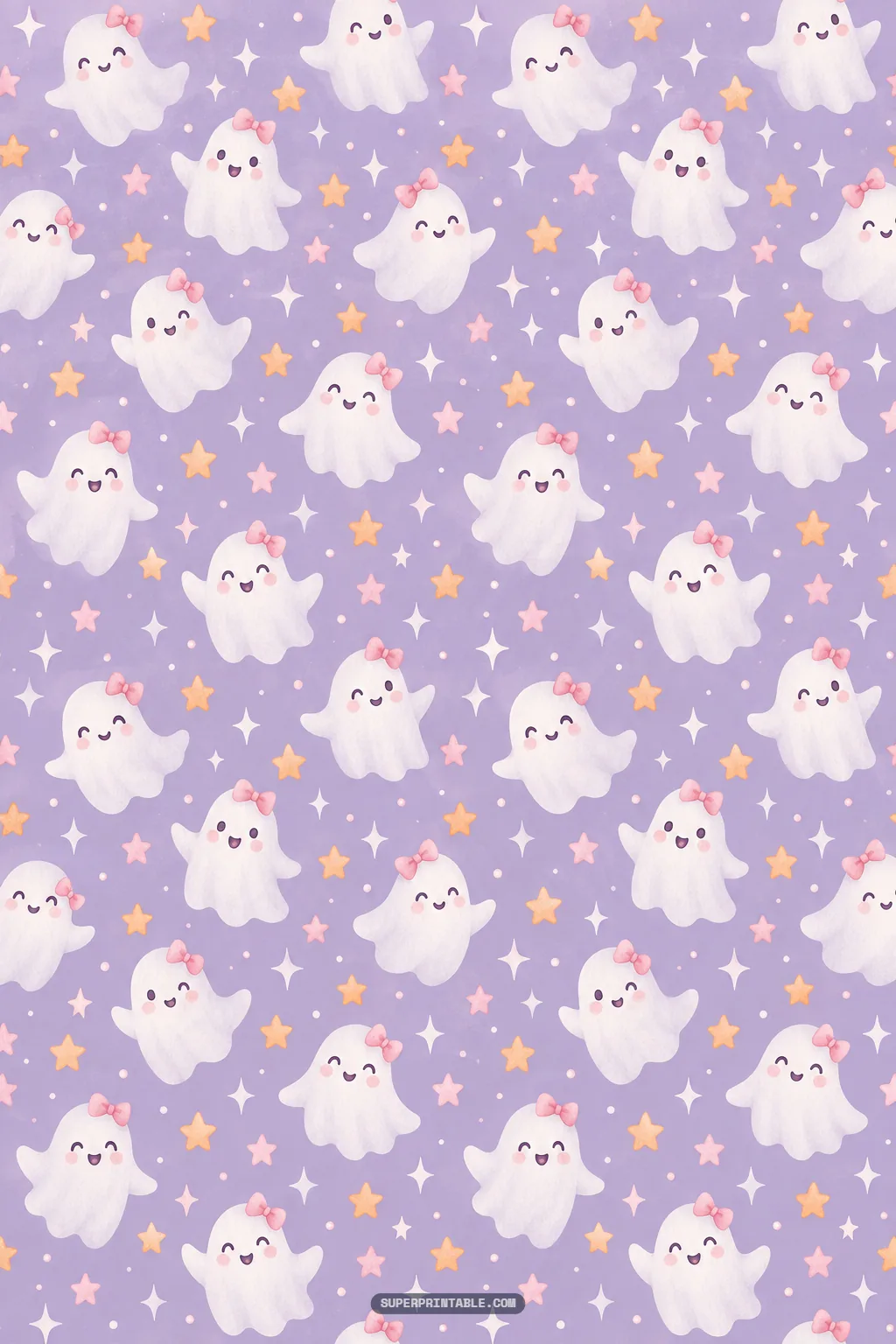 Cute smiling white ghosts with pink bows and starry sparkles on kawaii halloween magic digital papers