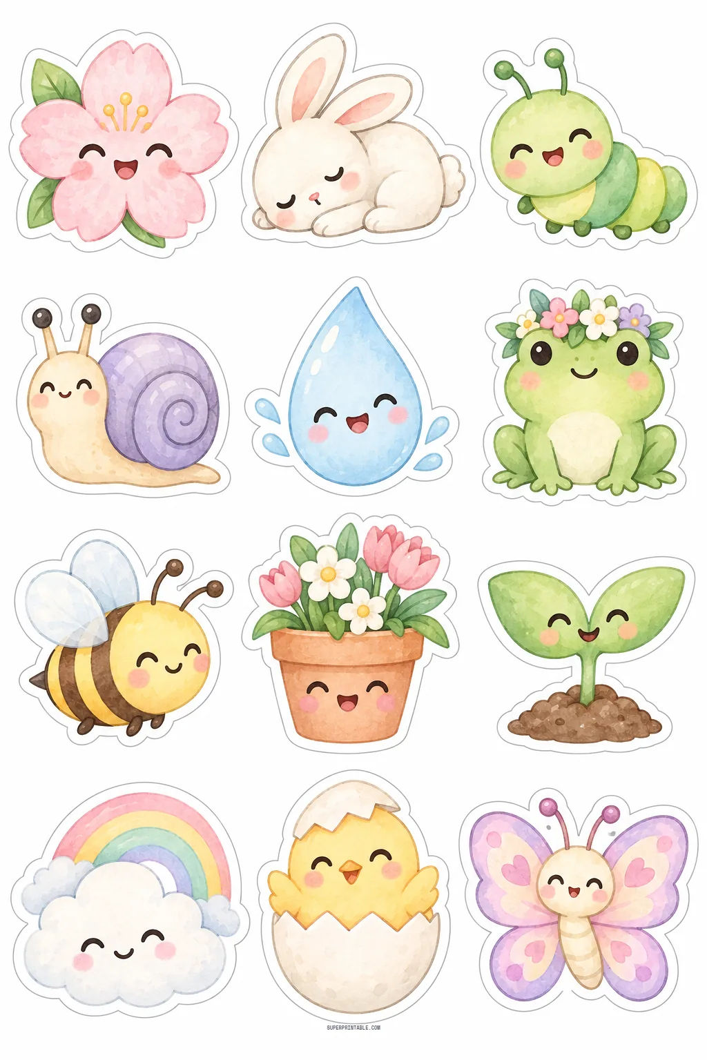 Cute kawaii pastel spring doodles with smiling raindrops, bunnies, baby chicks, and happy blooming flowerpots