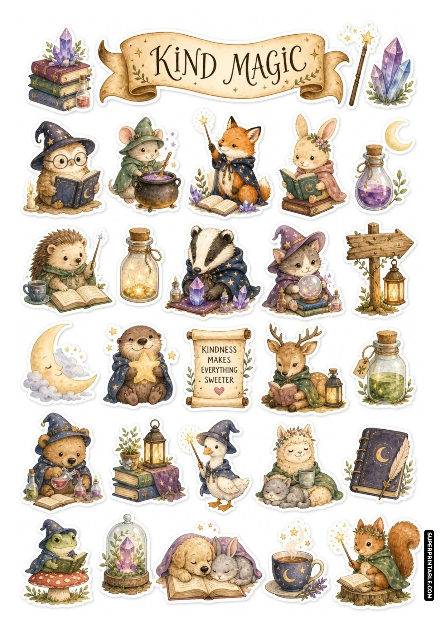 Charming magical animal sticker page with sweet wizard creatures, glowing lanterns, star jars, and inspirational scrolls.