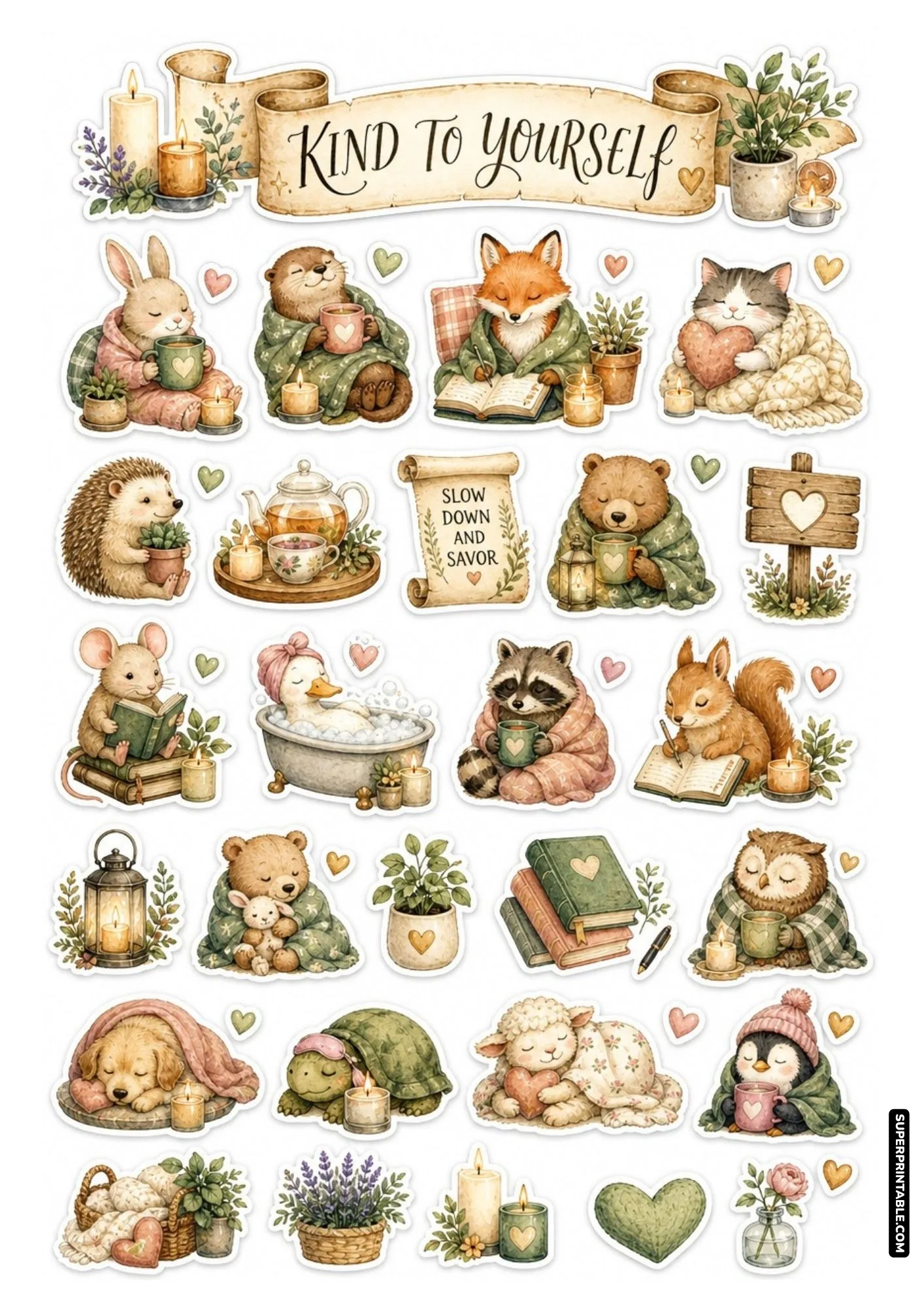 Watercolour self-care stickers featuring a duck in a bubble bath, animals drinking tea, and books.