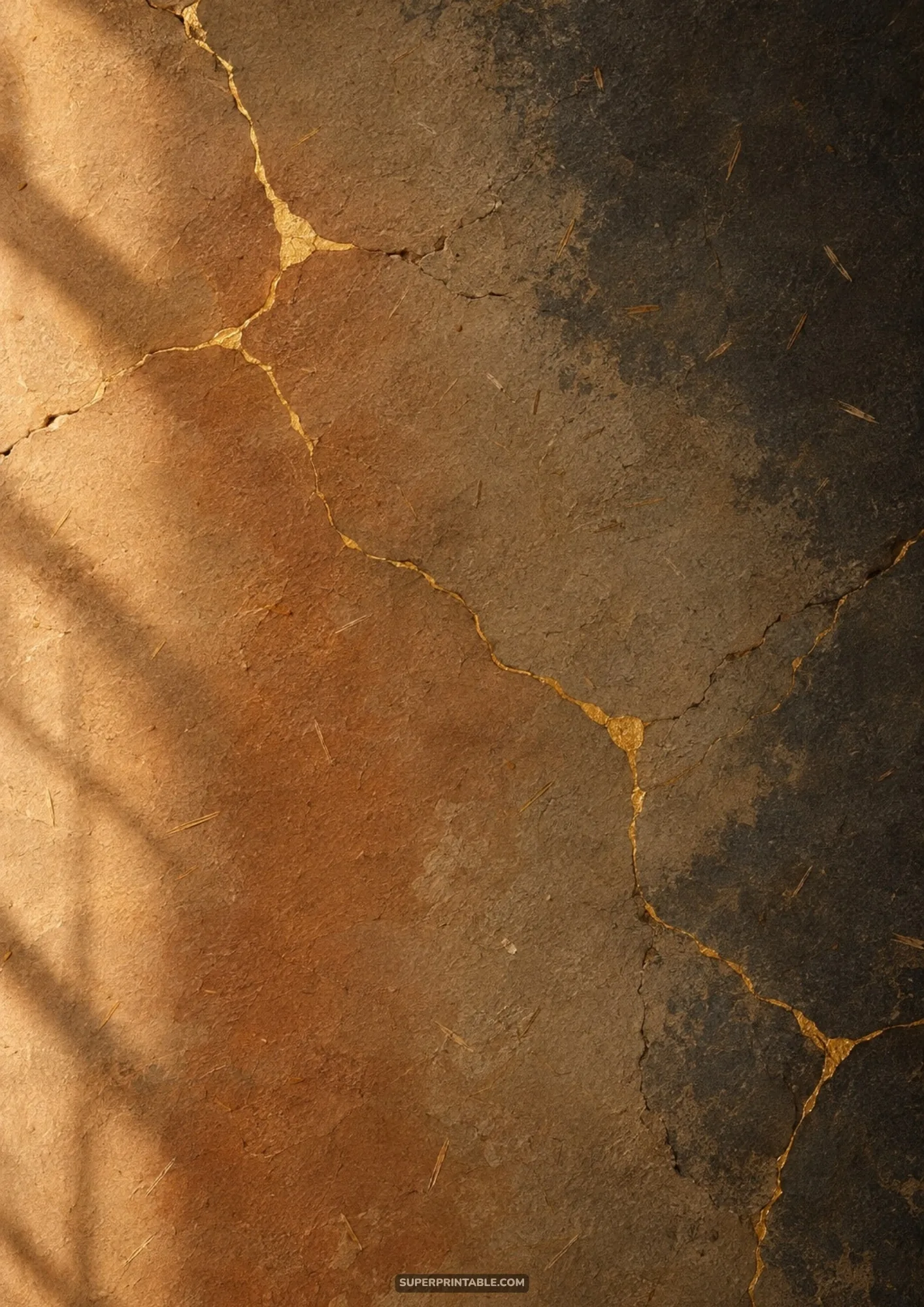 Aged earthen wall texture with prominent golden kintsugi cracks and warm filtered sunlight