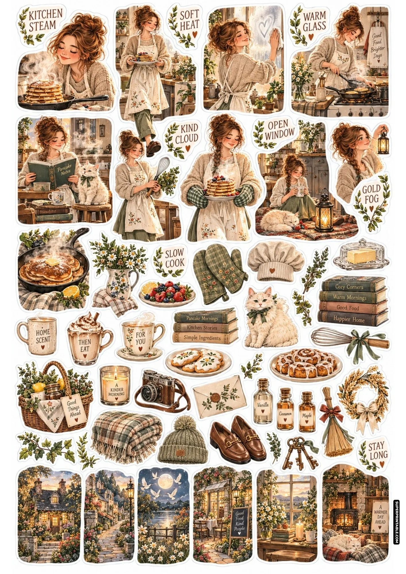 Cozy kitchen stickers showing steaming pancake pans, floral aprons, wire whisks, oven mitts, and heart-drawn windows