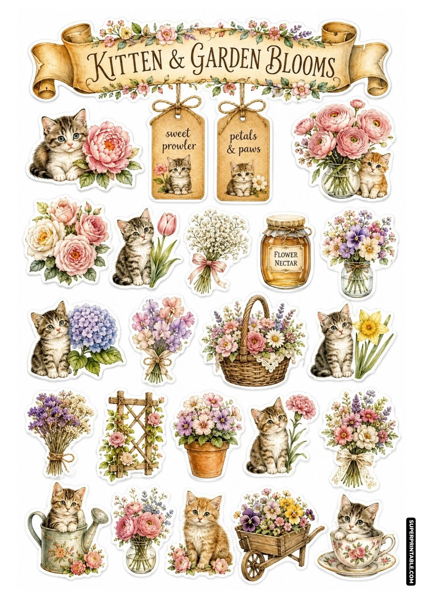 Botanical cat sticker collection featuring kittens nestled beside colorful peony bouquets, fresh tulips, and flower teacups.