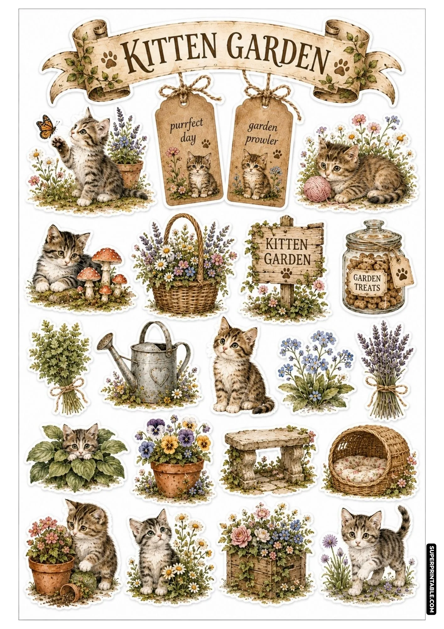 Printable kitten garden sticker sheets showing kittens exploring garden paths, butterflies, mushrooms, and flowerpots.