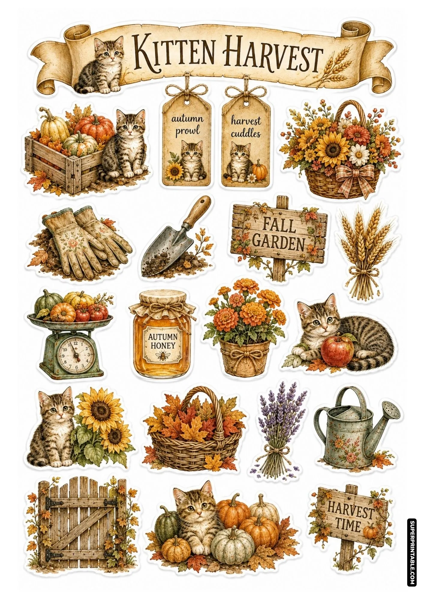 Autumn themed kitten sticker sheet with orange pumpkins, fall leaf baskets, golden sunflowers, and cozy harvest cats.