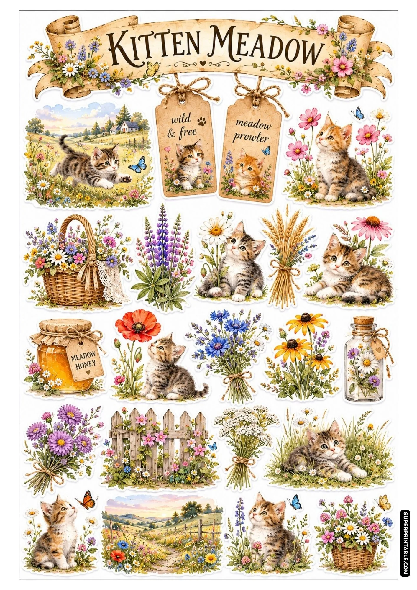 Meadow wildflower cat sticker sheet with kittens running in open grassy fields, red poppies, and purple lupine bouquets.