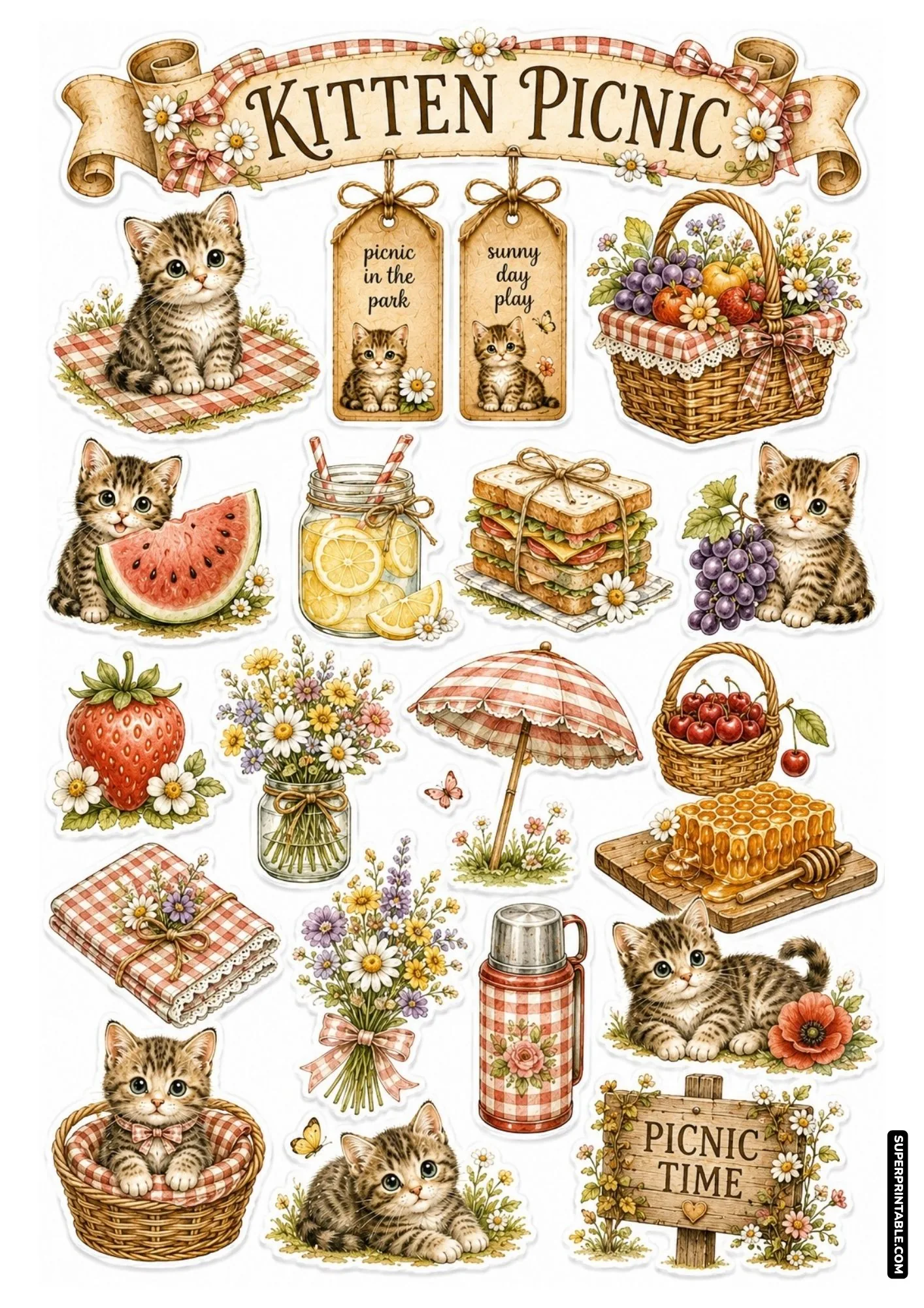 Summer picnic cat sticker sheet featuring kittens with juicy watermelon, cold lemonade, gingham blankets, and fruit baskets.
