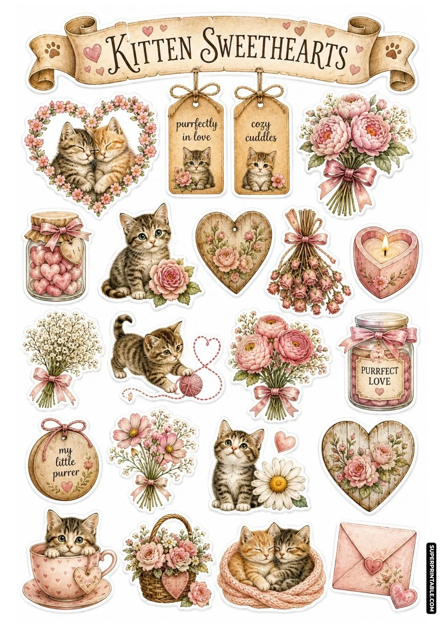 Romantic cat lovers sticker sheet with snuggling kitten pairs, pink heart floral wreaths, candy jars, and love letters.
