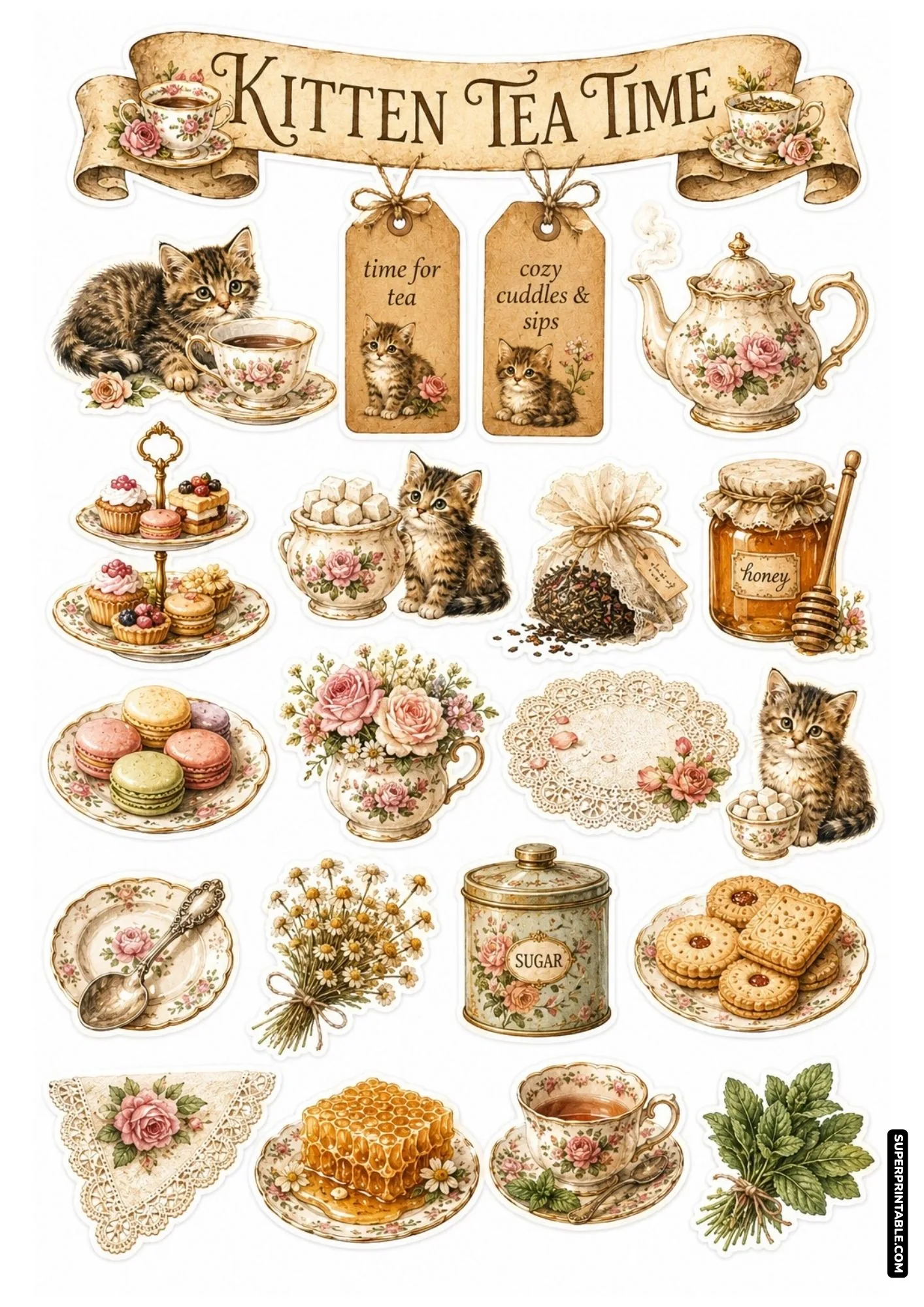 Cozy tea time cat sticker sheet showcasing elegant teapots, macarons, cookies, sugar cubes, and kittens sipping tea.