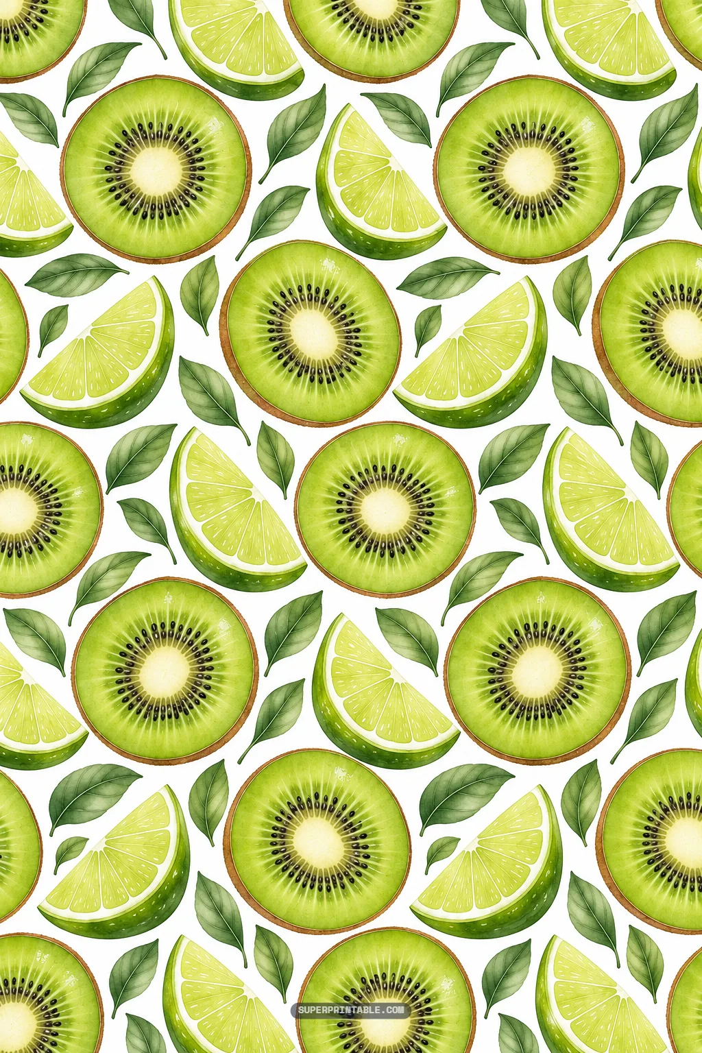 seamless watercolor pattern of kiwi fruit cross sections and lime slices with leaves