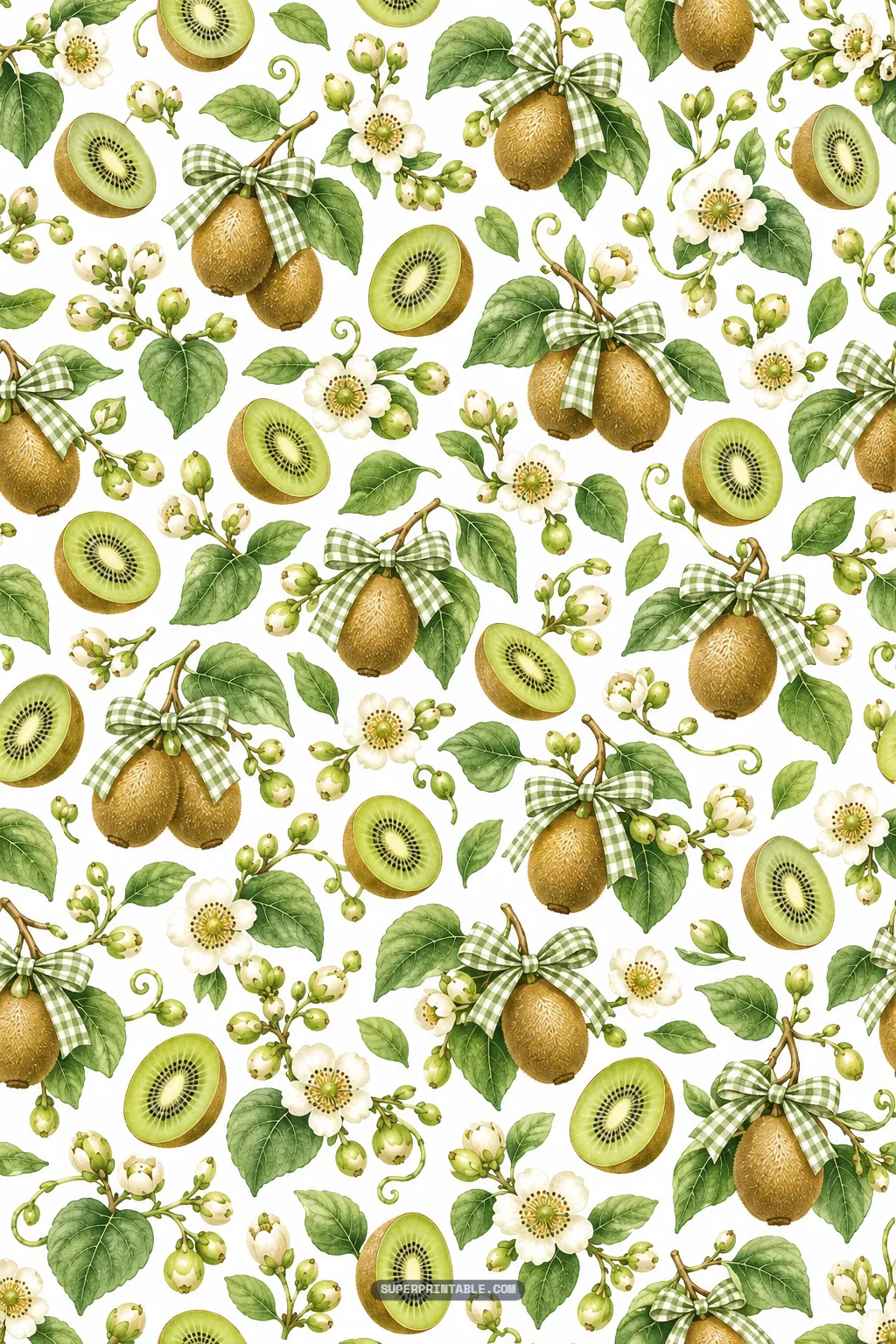 rustic kiwi fruit bunches tied with gingham check ribbon bows among leafy branches