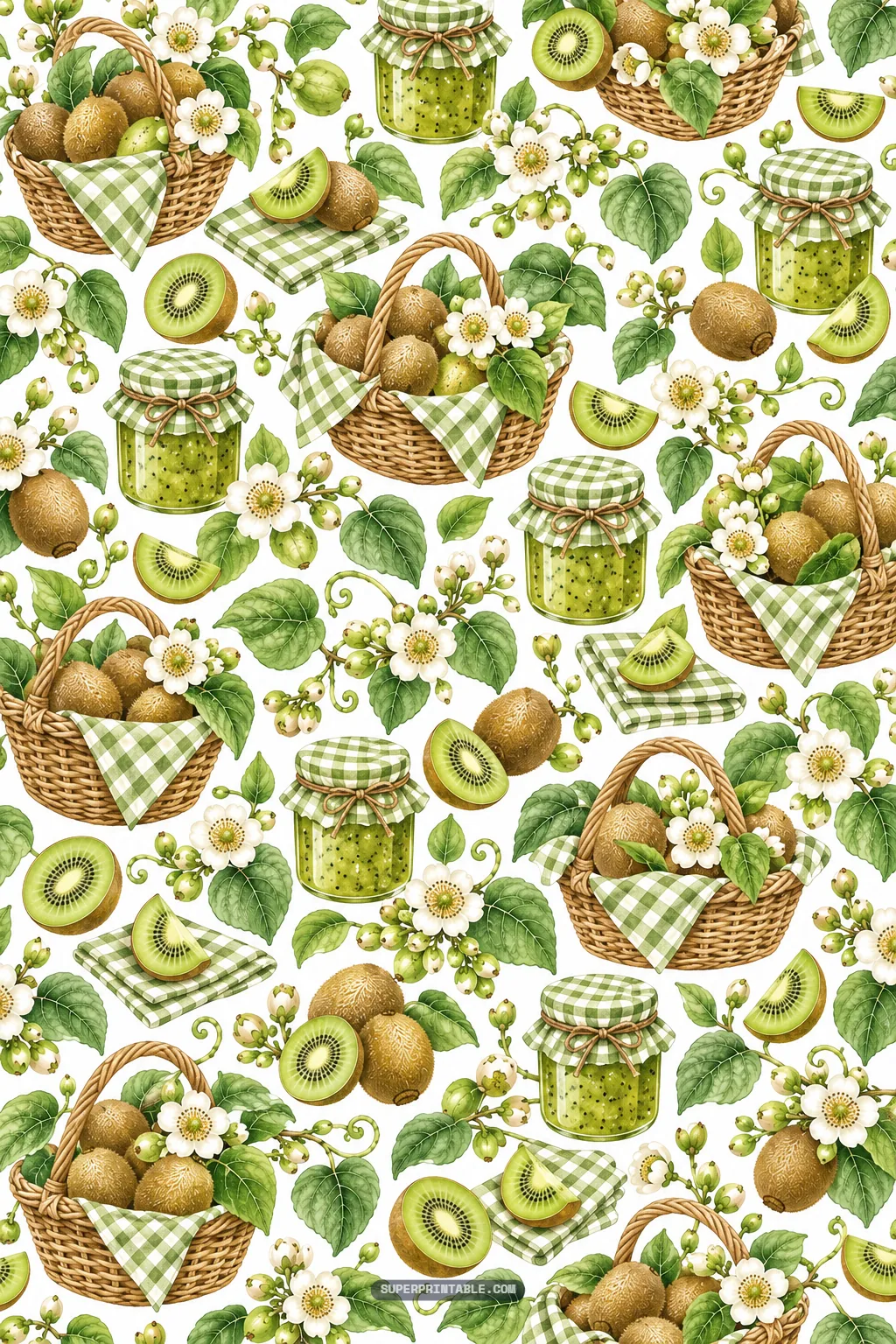 whimsical garden pattern of kiwi jam jars, fruit baskets, and gingham napkins
