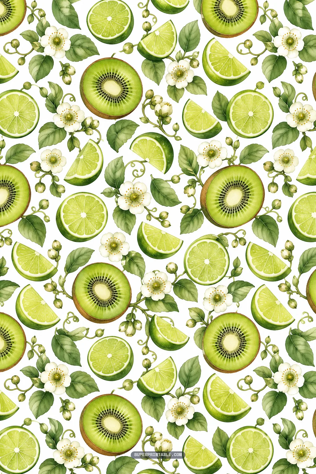 repeating pattern of fresh kiwi slices, citrus lime wedges, and leafy sprigs