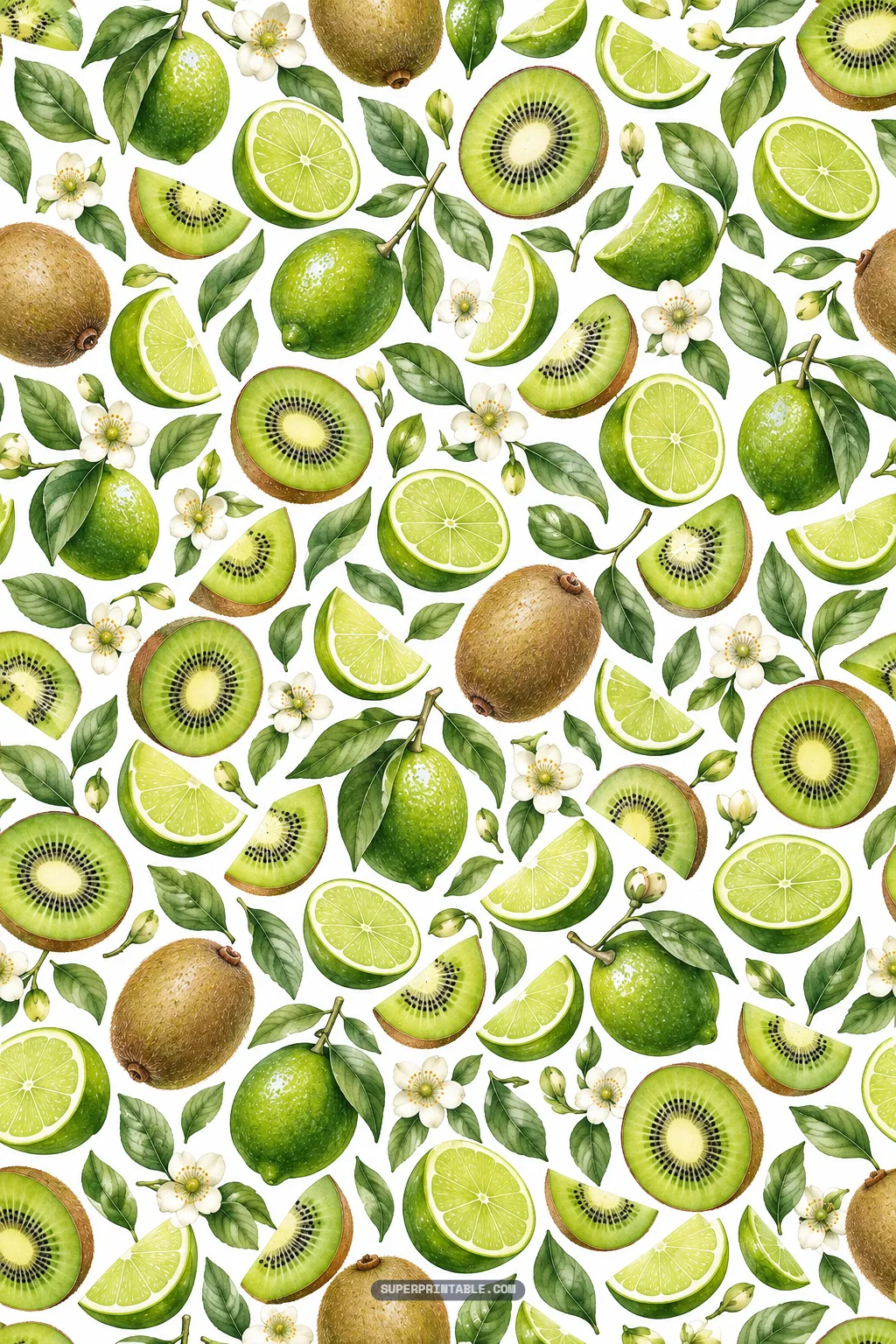 abundant botanical pattern of whole kiwis, sliced green fruit, and lime branches