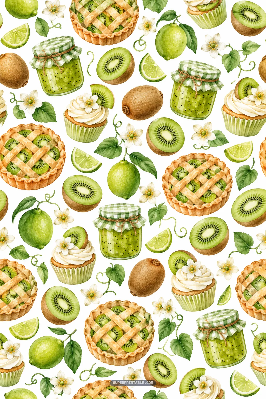 cozy orchard bakery pattern with kiwi tarts, frosted cupcakes, and green jam jars