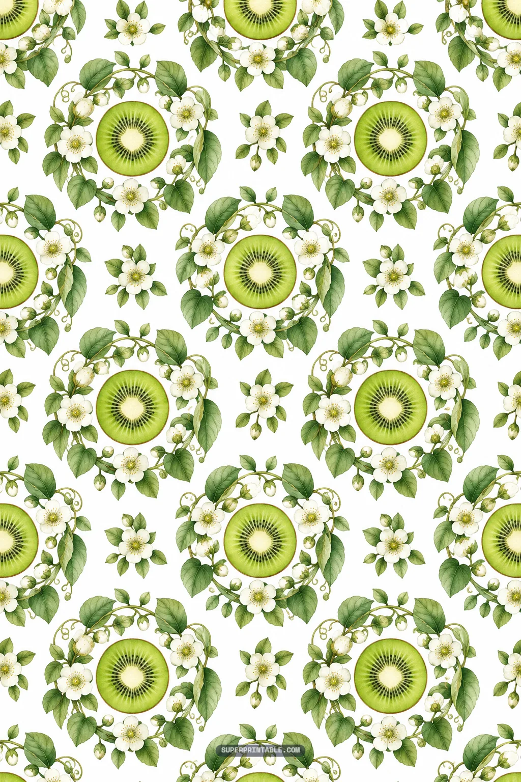 kiwi digital papers pattern with sliced fruit wreaths and delicate blossom vines