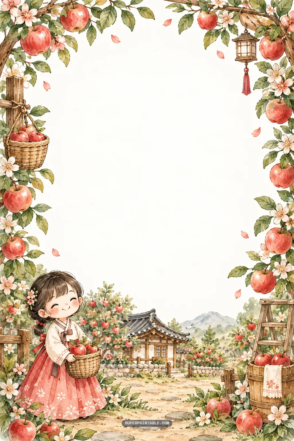 Smiling girl in Korean hanbok dress carrying an apple basket near a hanok home