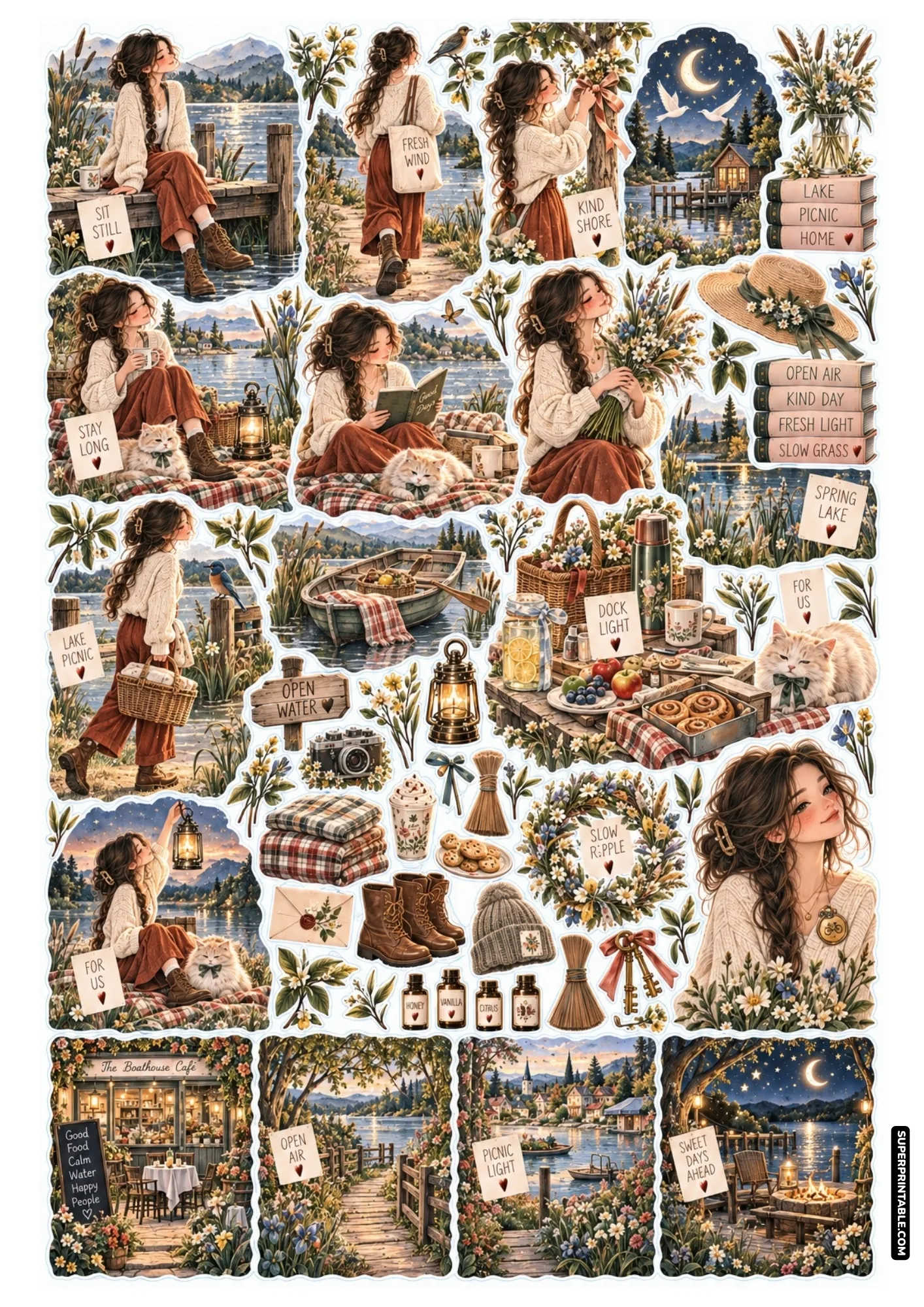 Serene lakeside sticker sheet with wooden boat dock, tranquil water, lantern, and cozy cafe.