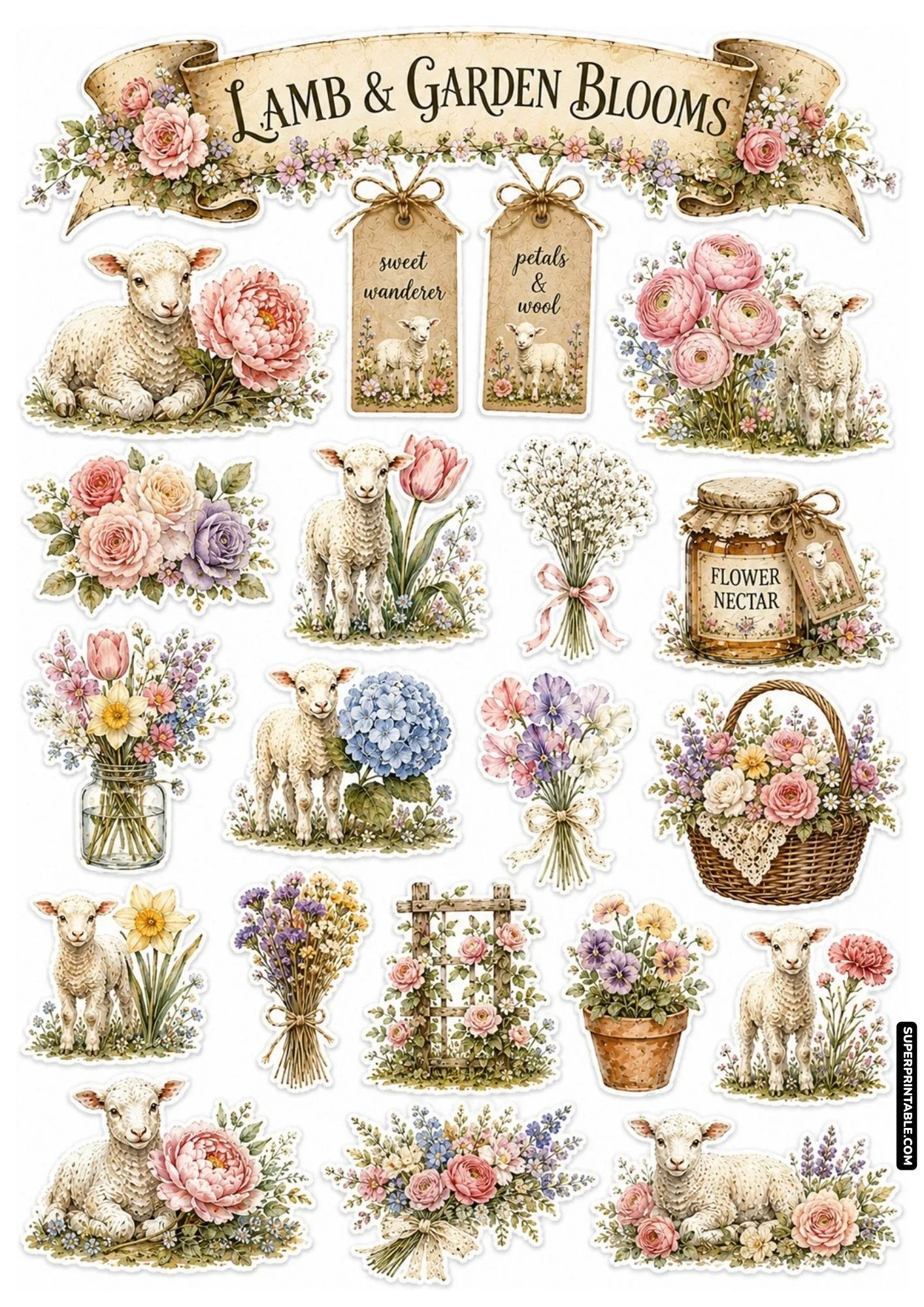 Lamb and garden blooms sticker sheet showing watercolor lambs surrounded by soft peonies and tulips.